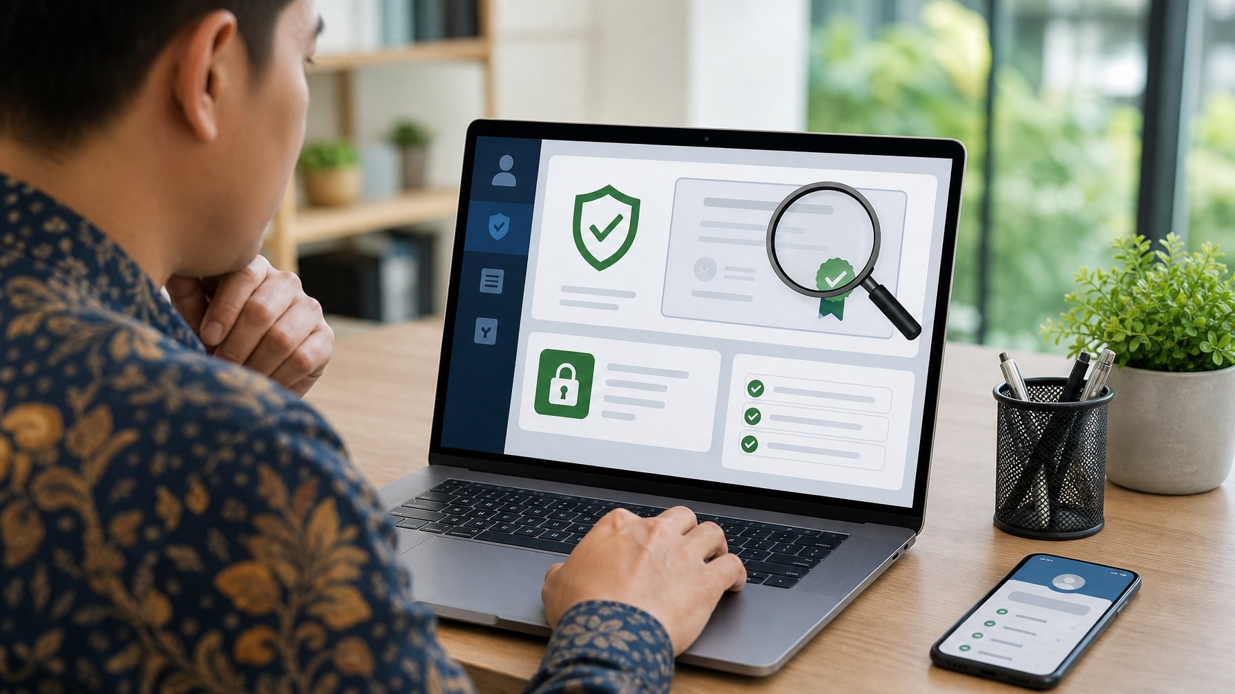 Seseorang memeriksa keamanan dan legalitas layanan taruhan online melalui laptop dengan simbol perisai, gembok, dan daftar verifikasi.