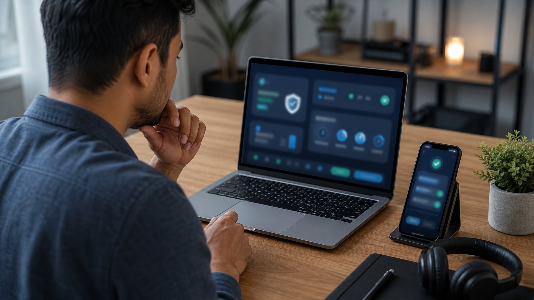 Seorang dewasa memeriksa situs permainan daring di laptop dengan simbol keamanan dan verifikasi di sekitarnya.