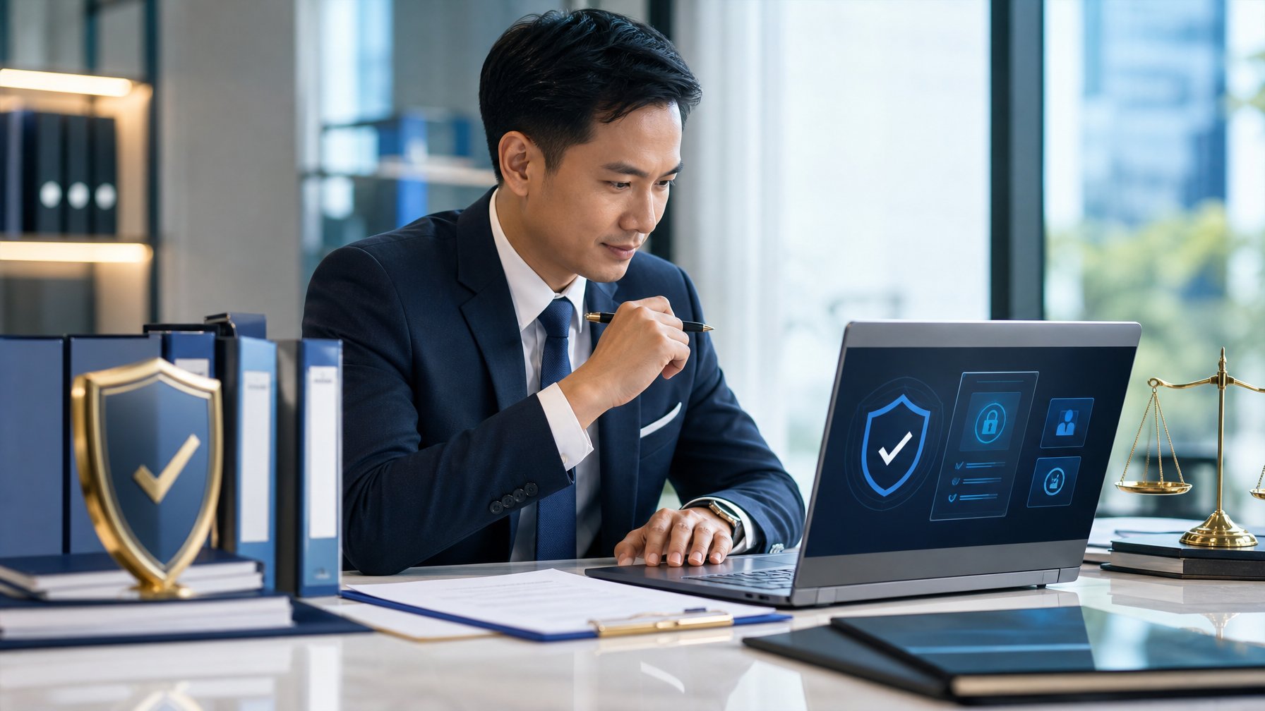 Seorang analis memeriksa laptop dan dokumen legal di kantor modern dengan simbol keamanan dan verifikasi.