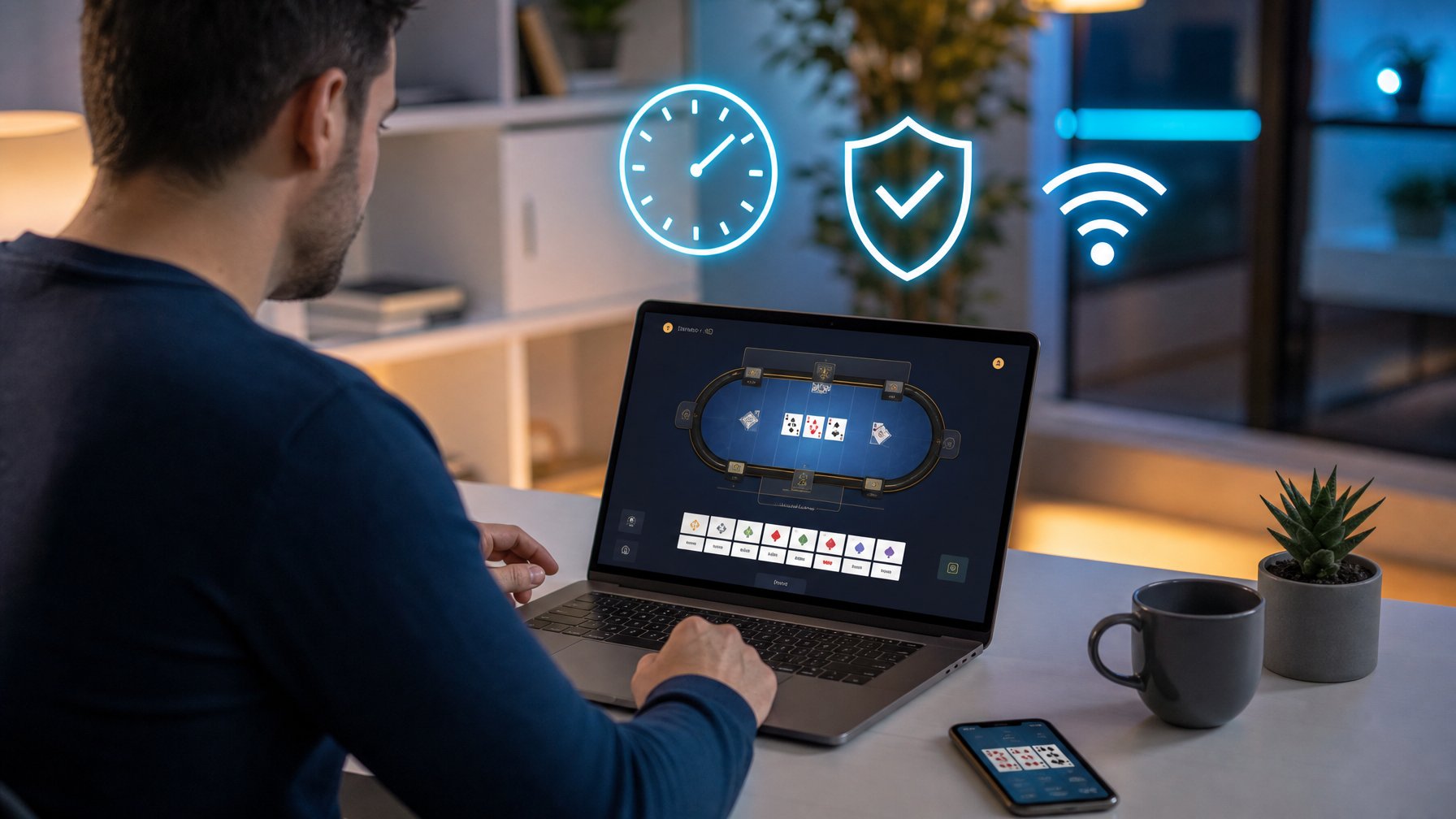 Seseorang menggunakan laptop dengan tampilan permainan kartu digital di ruang kerja modern.