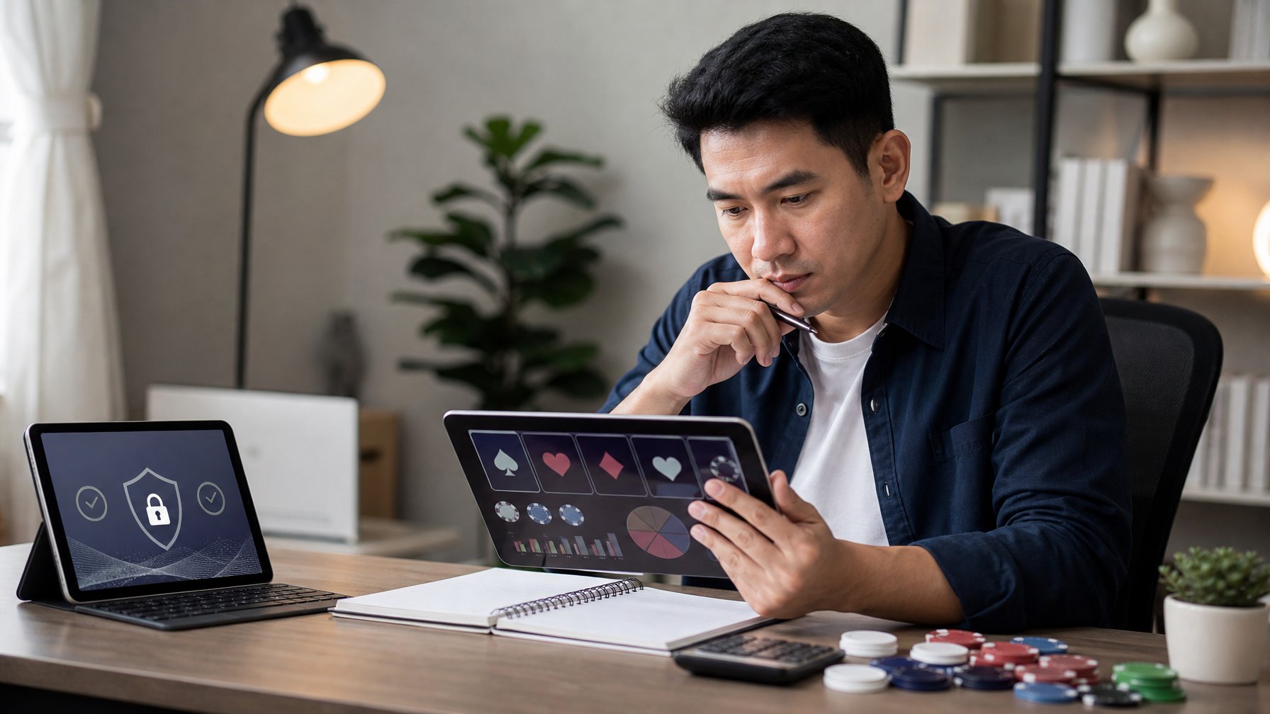 Orang dewasa mempelajari antarmuka permainan digital dengan catatan kosong, kalkulator, dan keping permainan di meja.