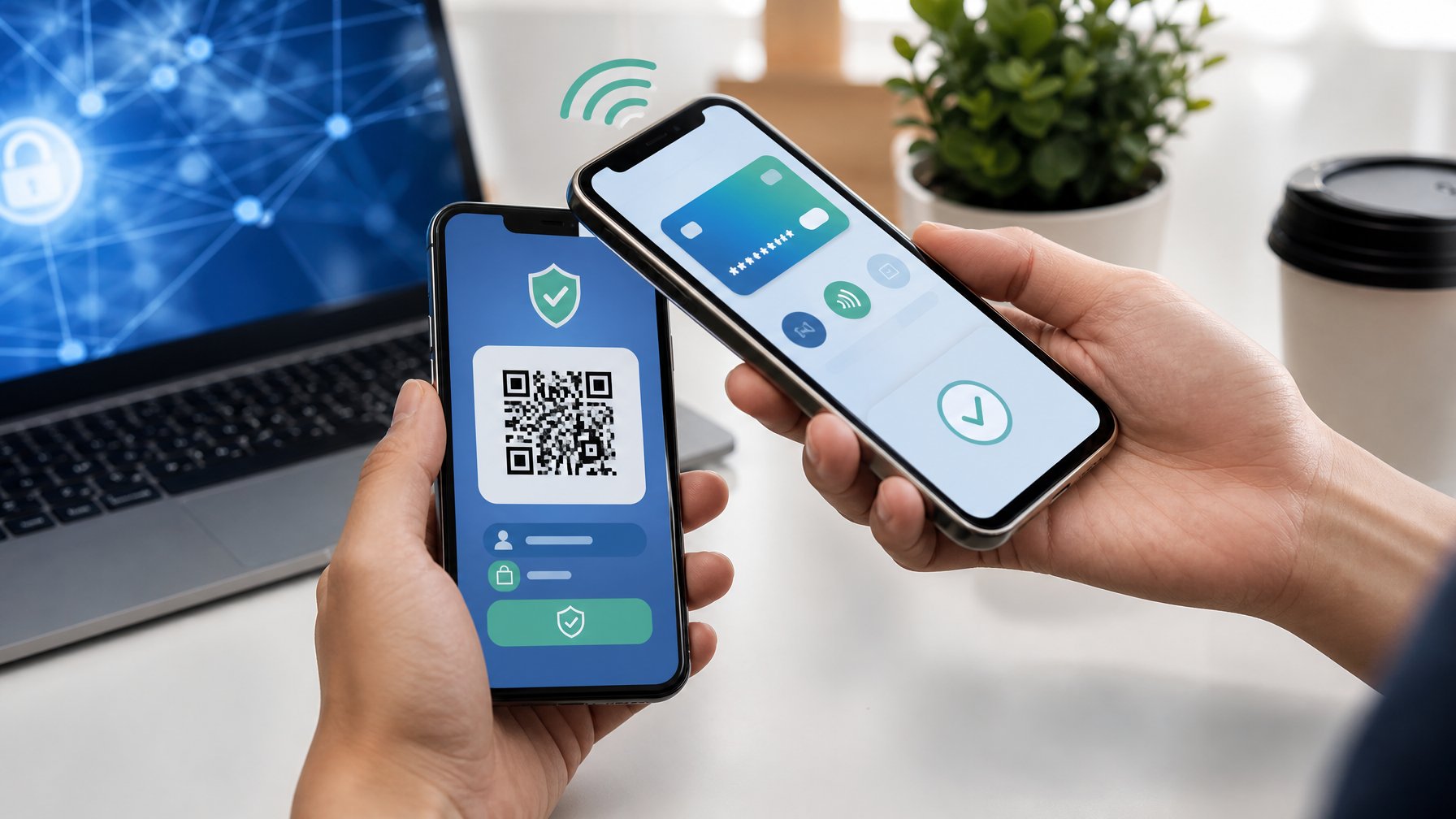 Seseorang menggunakan ponsel untuk melakukan pembayaran digital dengan kode QR dan dompet elektronik.