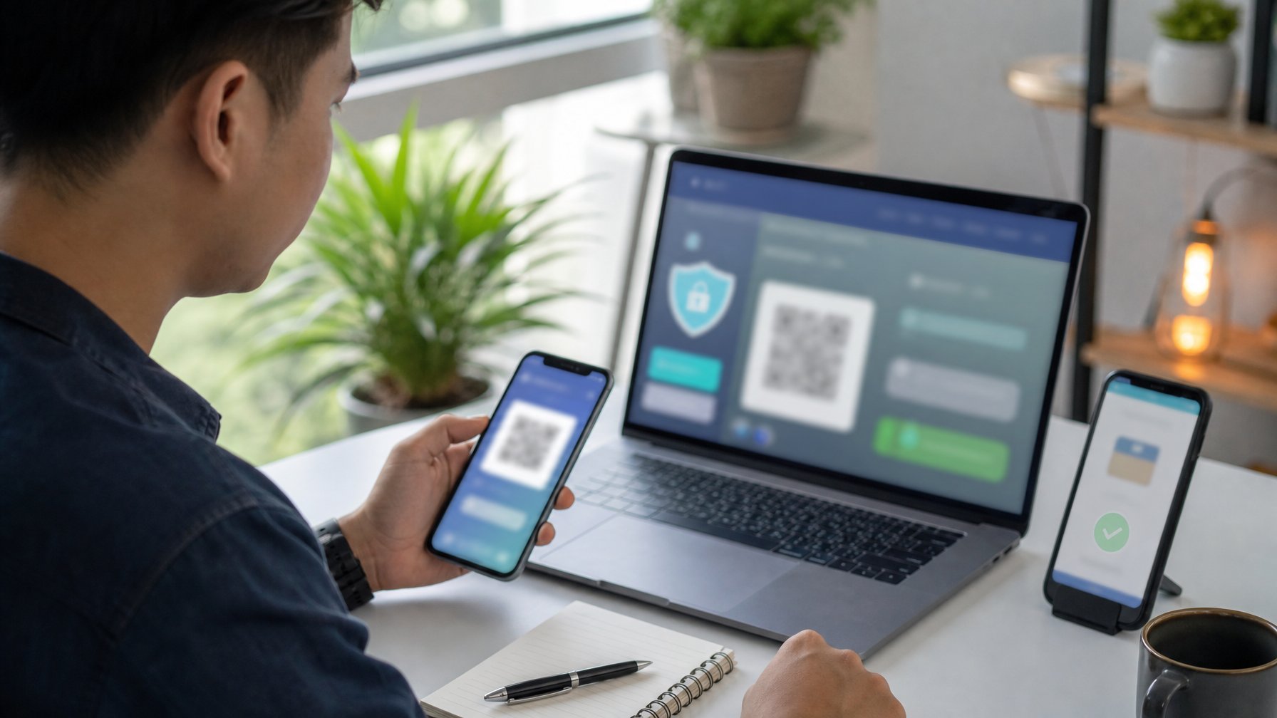 Seseorang memeriksa pembayaran digital melalui ponsel dan laptop di meja kerja.