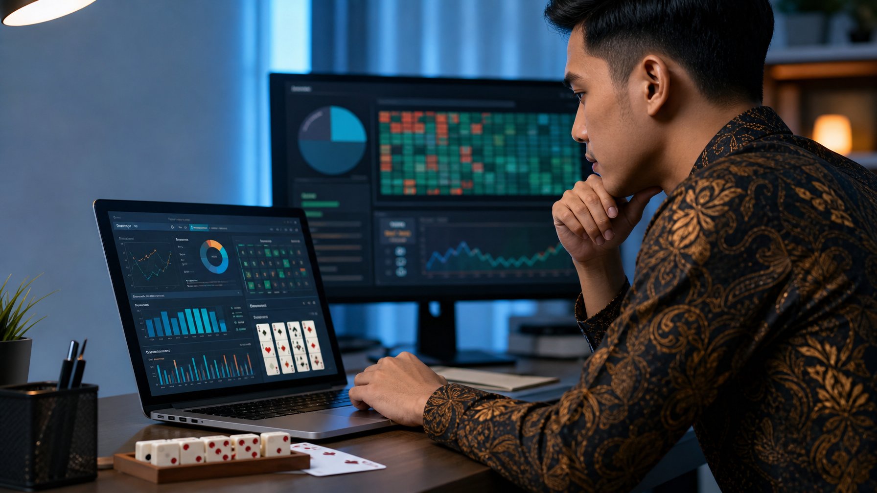 Seseorang menganalisis peluang permainan ceme online menggunakan laptop dengan grafik statistik dan ubin domino di meja.