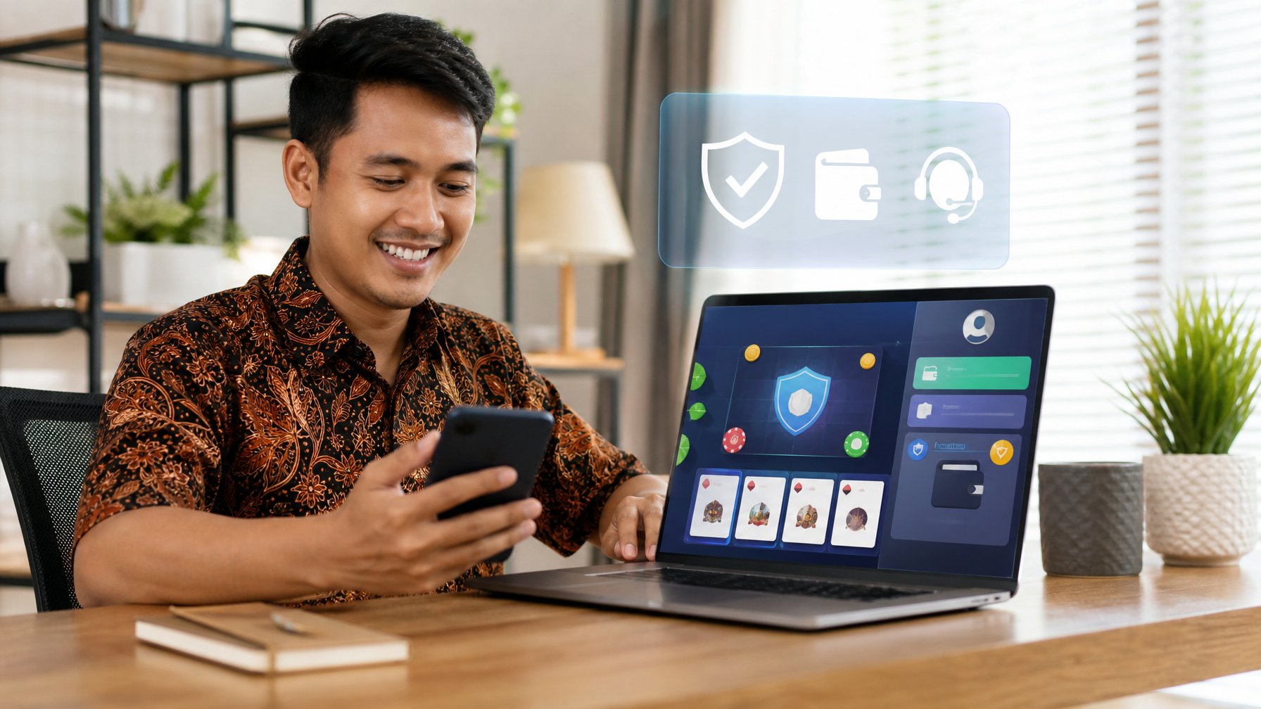 Orang dewasa Indonesia menggunakan laptop dan ponsel untuk mengakses platform permainan daring yang tampak aman dan terjangkau.