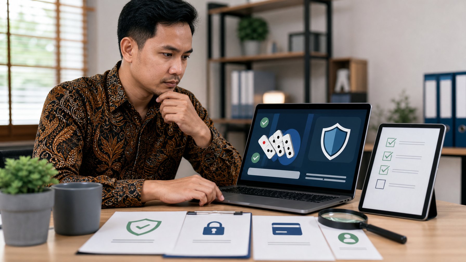 Orang dewasa memeriksa keamanan platform permainan online di laptop dengan bantuan dokumen dan simbol perisai.