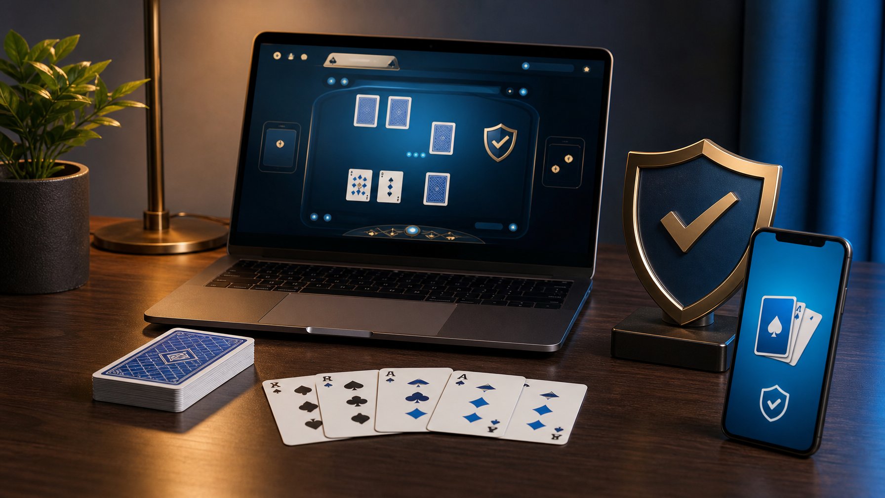 Laptop dan ponsel menampilkan permainan kartu dengan kartu fisik serta simbol keamanan di atas meja.