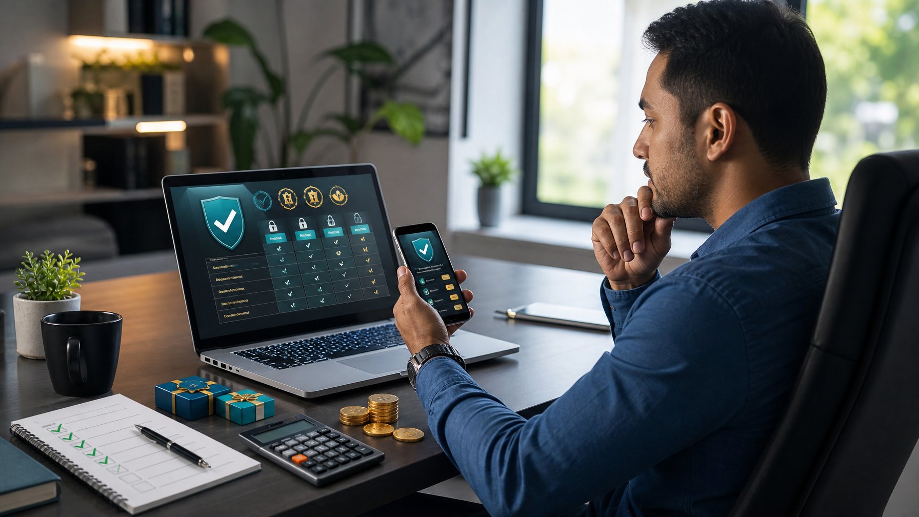 Orang dewasa membandingkan beberapa platform kasino online di laptop dan ponsel dengan simbol keamanan serta bonus di meja.