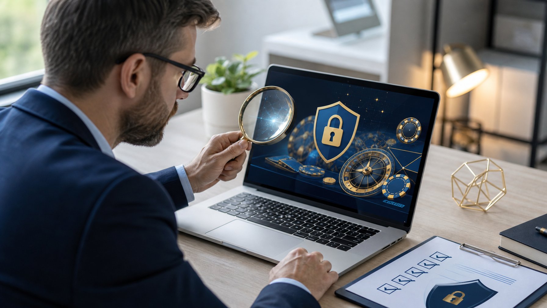 Seorang profesional memeriksa keamanan dan legalitas platform kasino online menggunakan laptop dengan simbol perisai dan gembok.