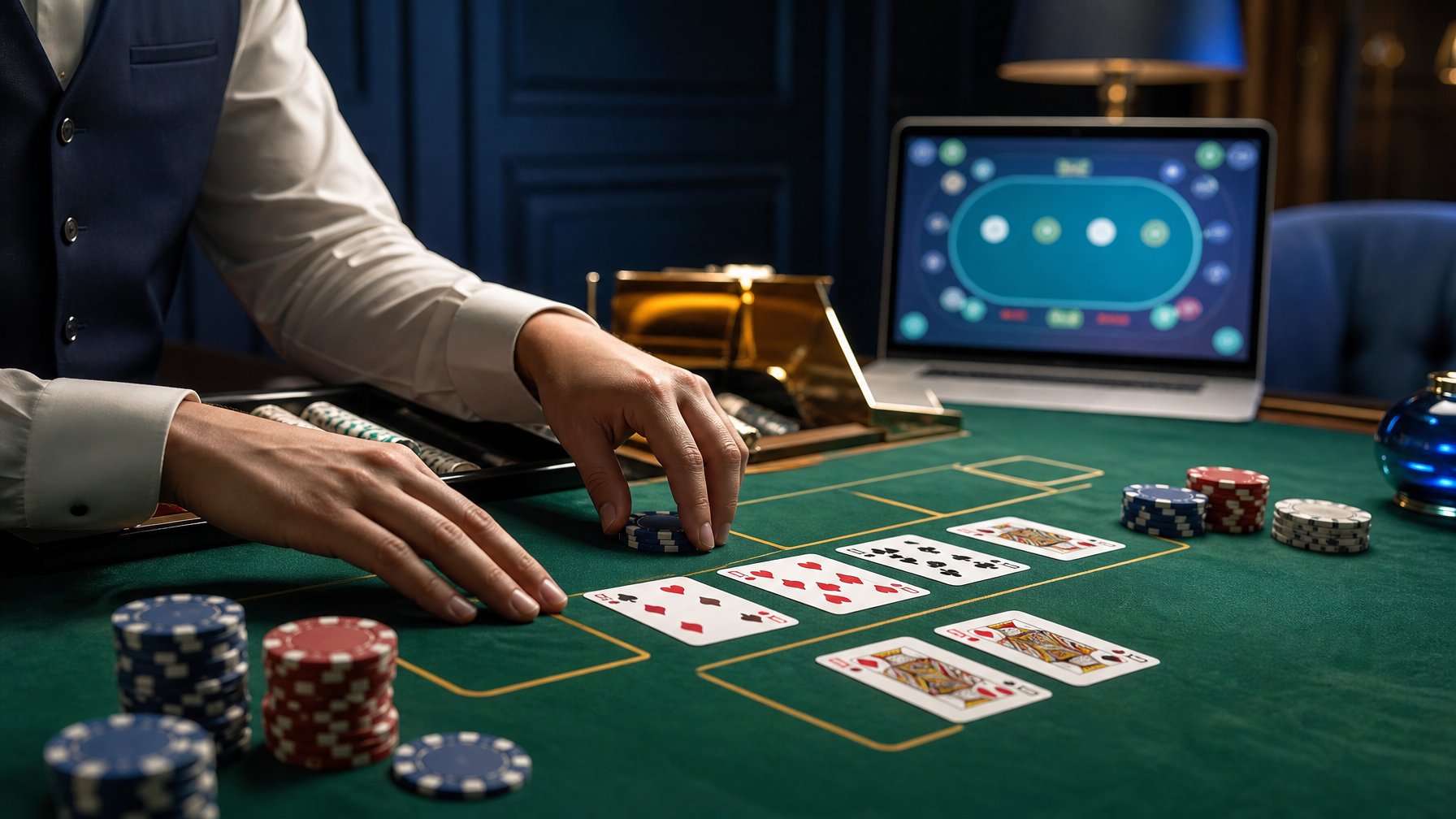 Meja baccarat dengan kartu, chip kasino, dan perangkat digital yang menampilkan permainan kasino.