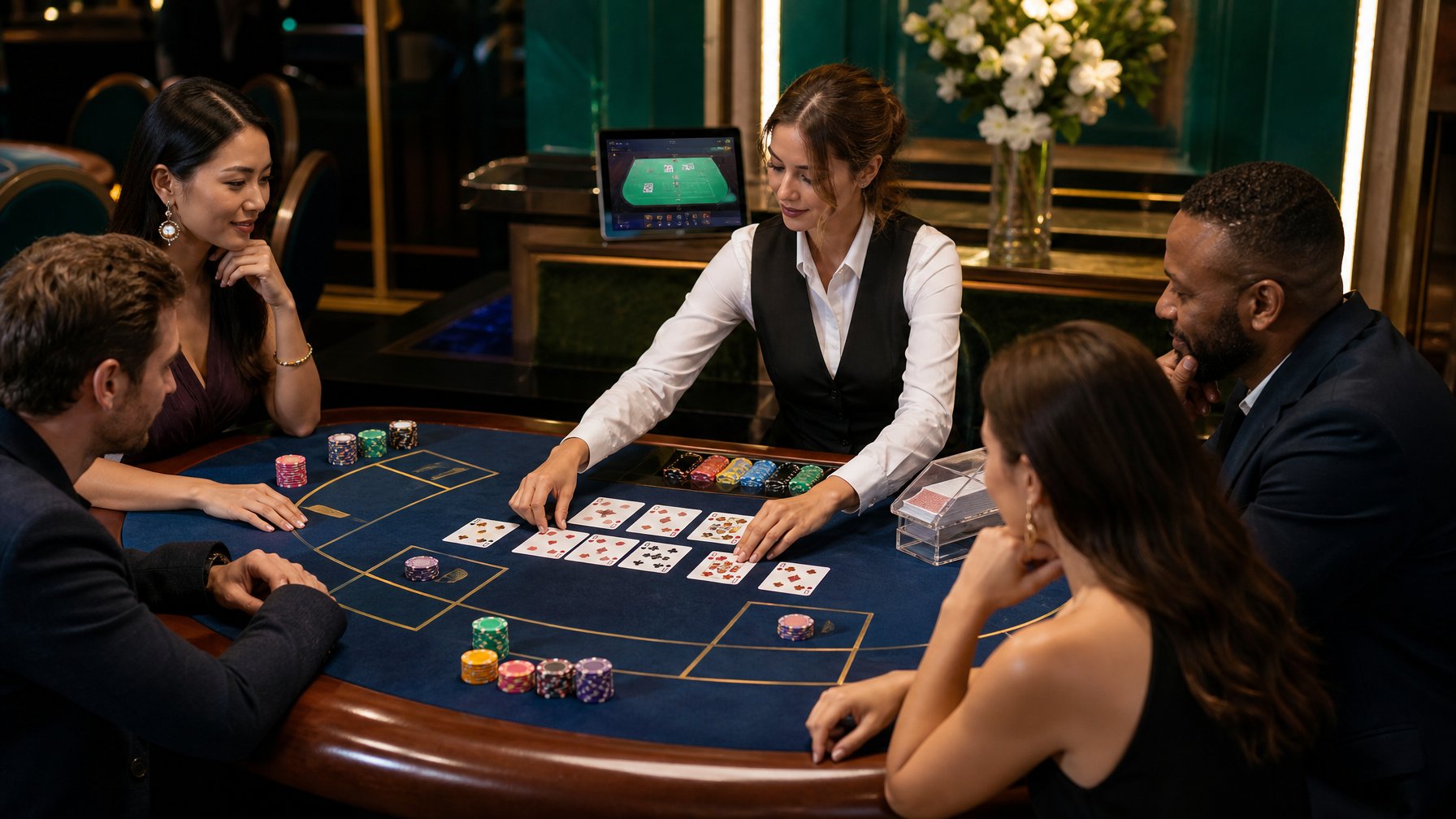 Dealer mengatur kartu dan chip di meja baccarat sementara beberapa pemain mengamati alur permainan.
