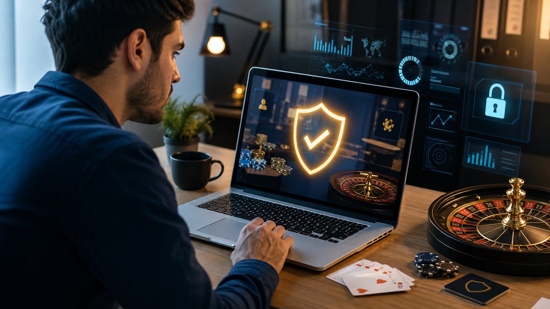 Orang dewasa memeriksa platform kasino daring yang aman di laptop dengan simbol perisai keamanan dan perlengkapan permainan kasino di meja.