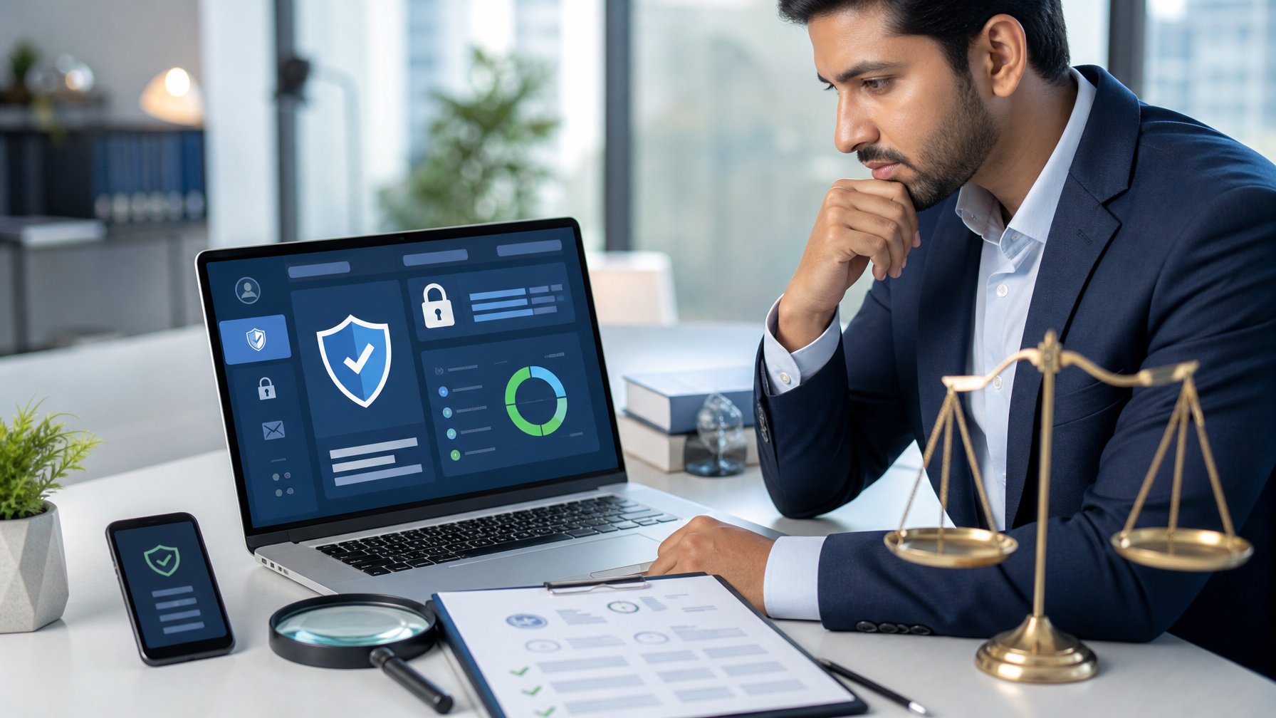 Seorang analis memeriksa keamanan dan kredibilitas platform taruhan daring menggunakan laptop, dokumen, dan simbol perlindungan data.