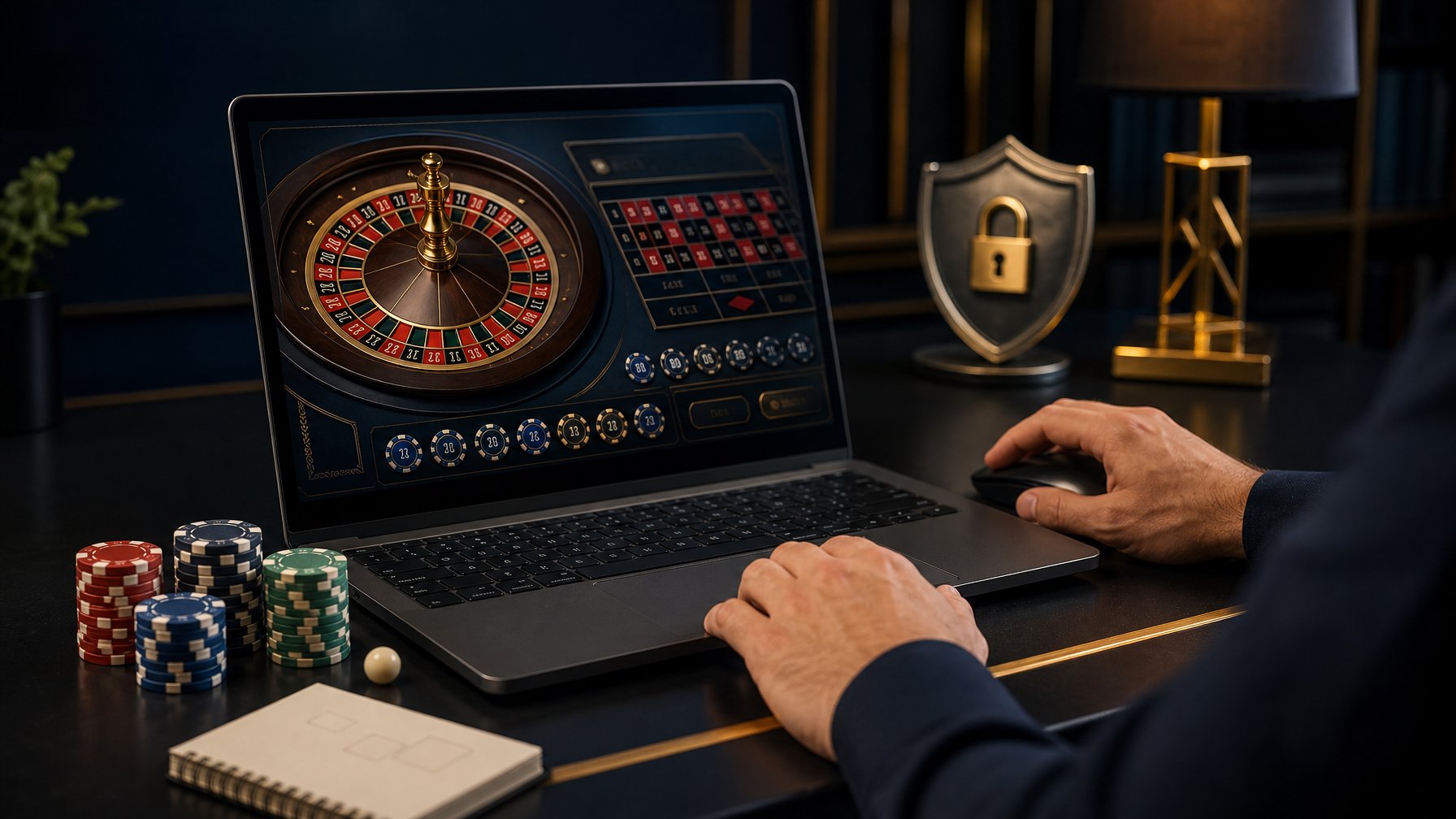 Tangan pemain mengoperasikan laptop dengan tampilan permainan roulette, dikelilingi chip kasino dan bola roulette.
