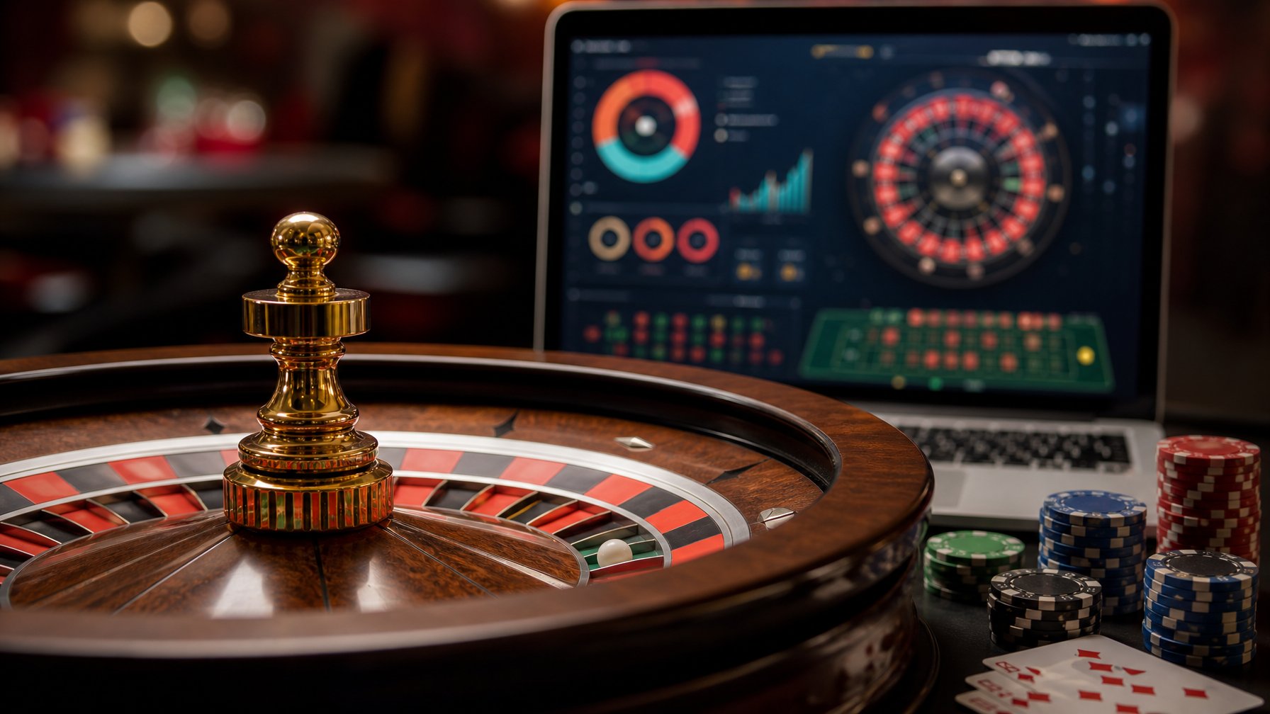 Roda roulette dengan bola putih, keping taruhan, dan layar digital dengan grafik peluang yang samar.