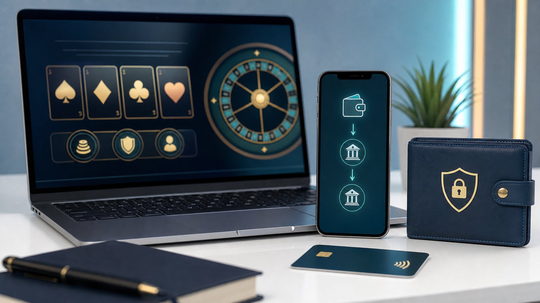 Perangkat digital menampilkan konsep kasino online dan transaksi deposit melalui bank serta dompet elektronik.