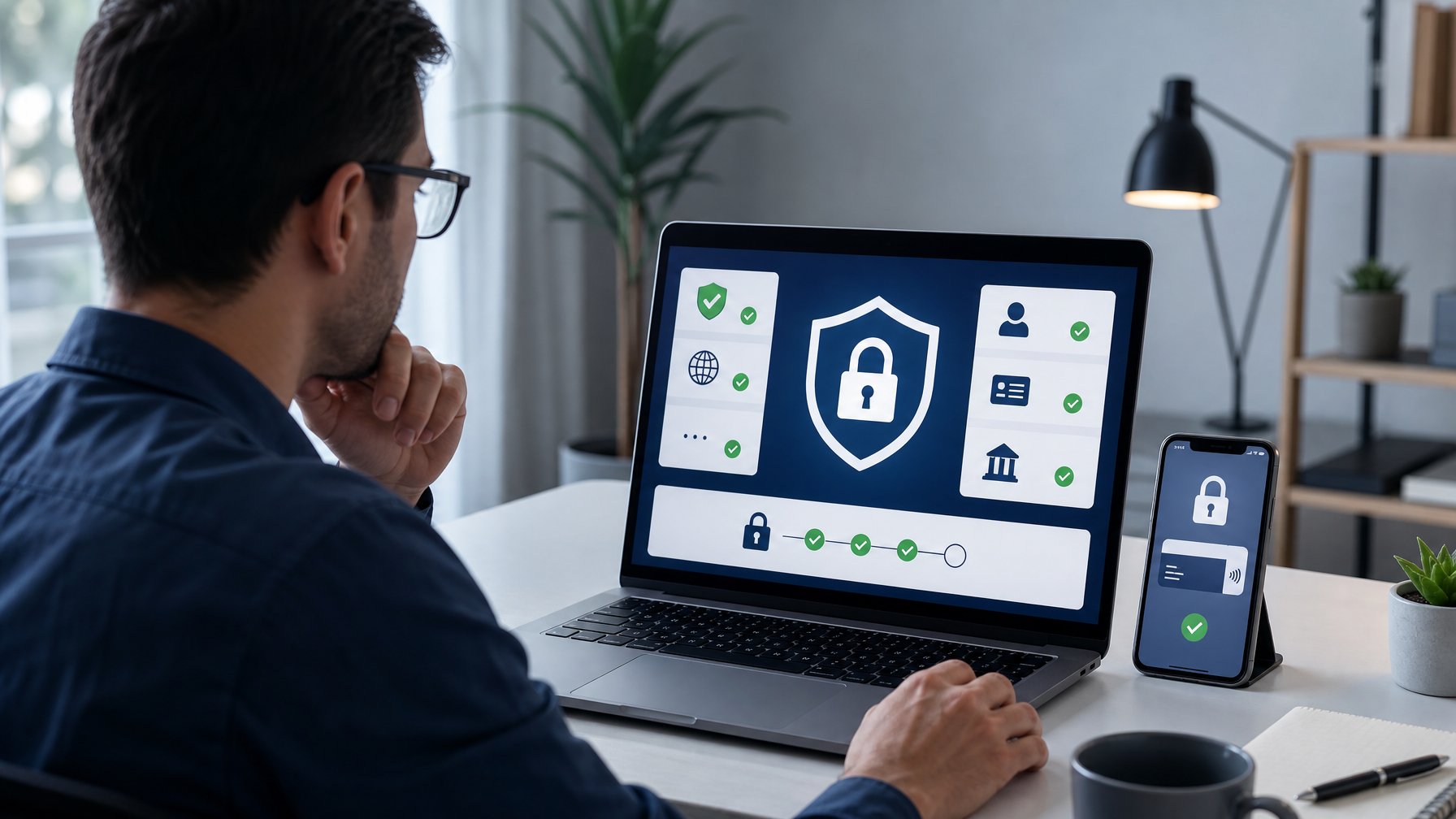 Seseorang memeriksa keamanan platform pembayaran digital di laptop dengan simbol perisai dan gembok.