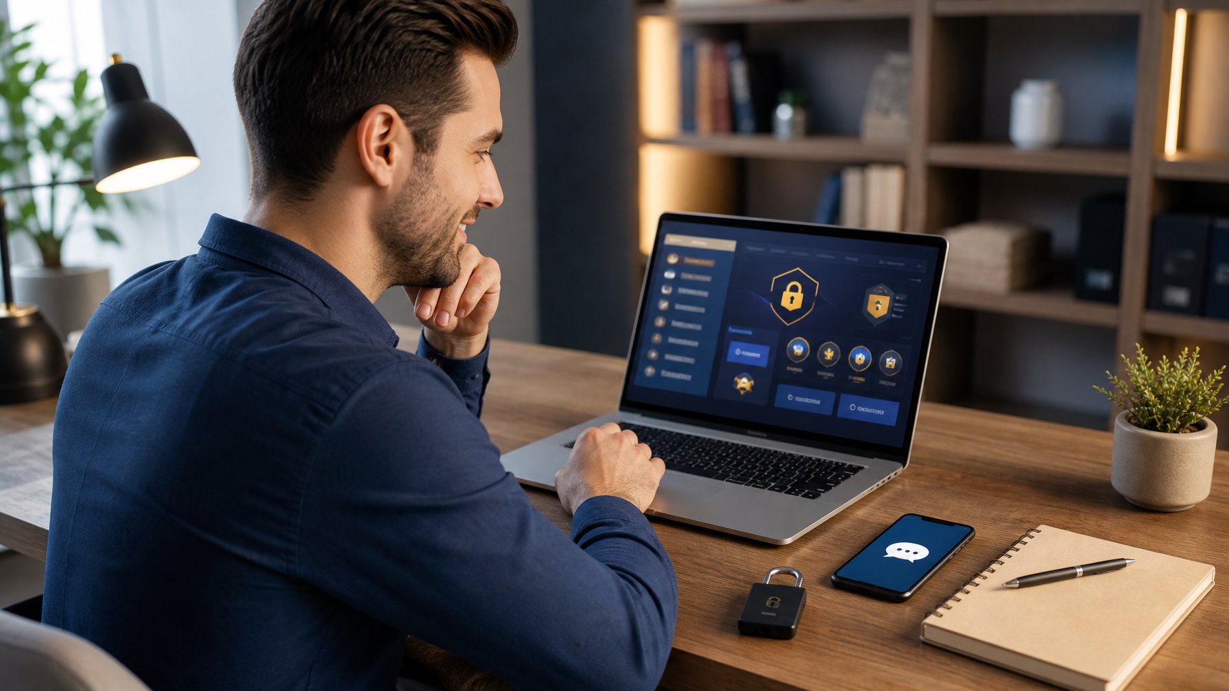 Orang dewasa menggunakan laptop dengan tampilan platform kasino daring yang aman di ruang kerja modern.