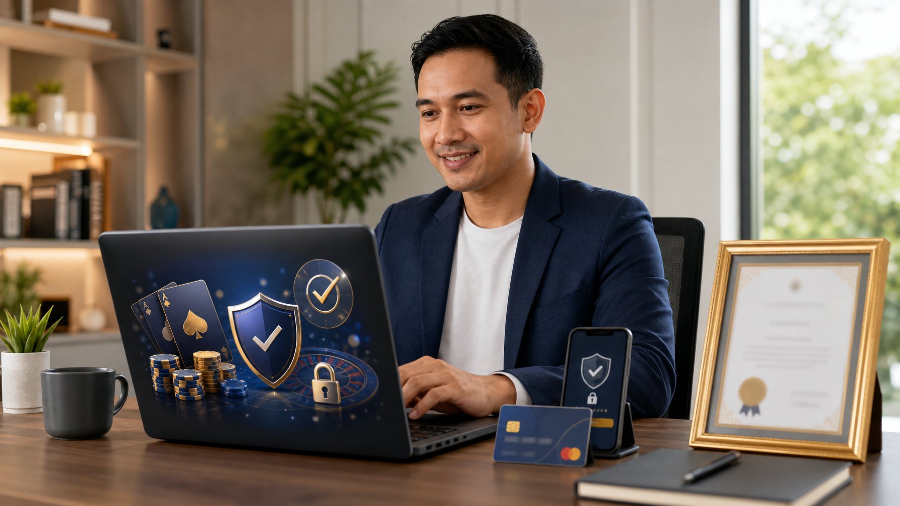 Seorang profesional menggunakan laptop untuk mengakses platform kasino online yang aman di ruang kerja modern.