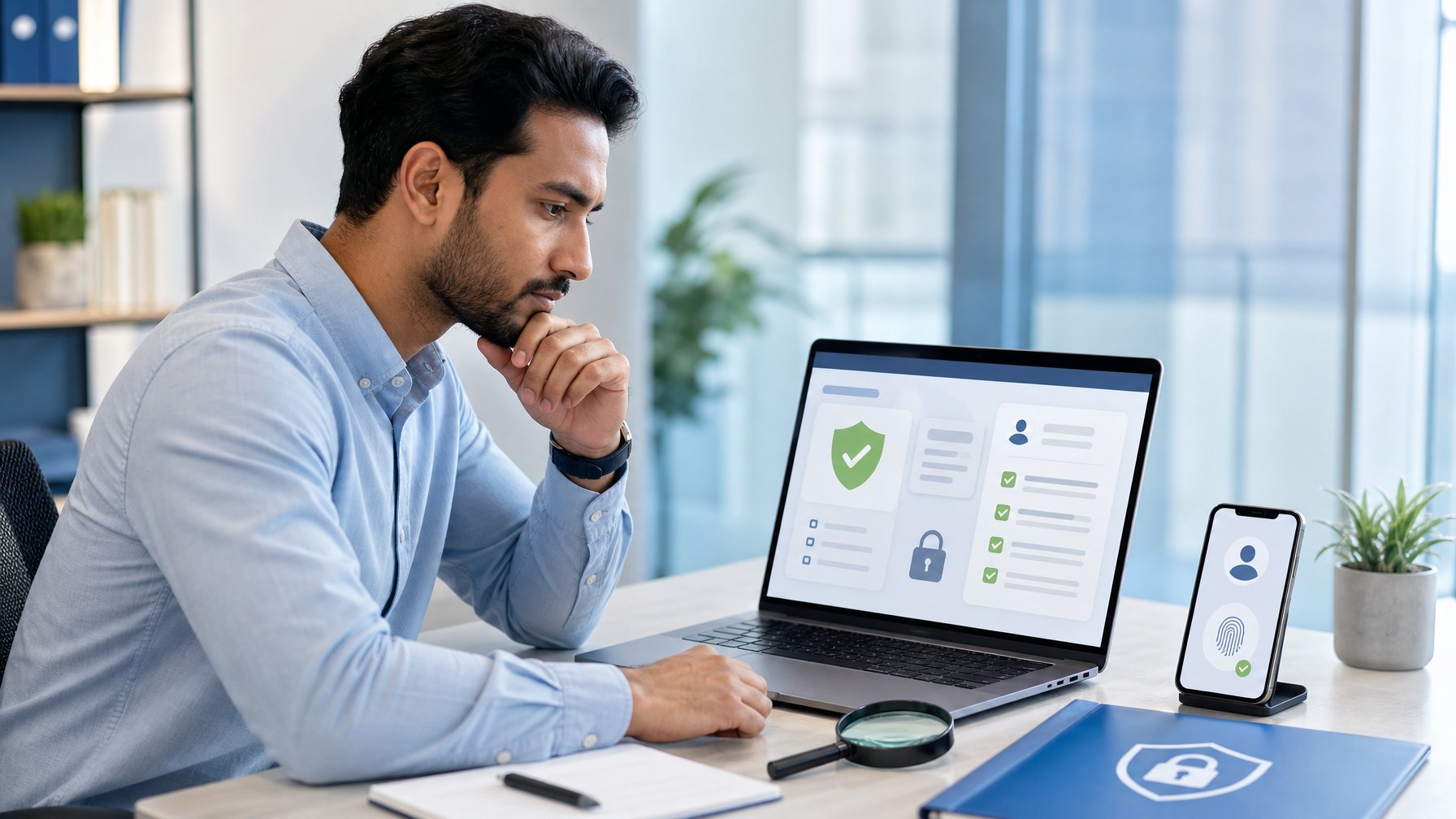 Orang dewasa memeriksa keamanan dan kredibilitas platform online melalui laptop dengan simbol verifikasi dan perlindungan data.