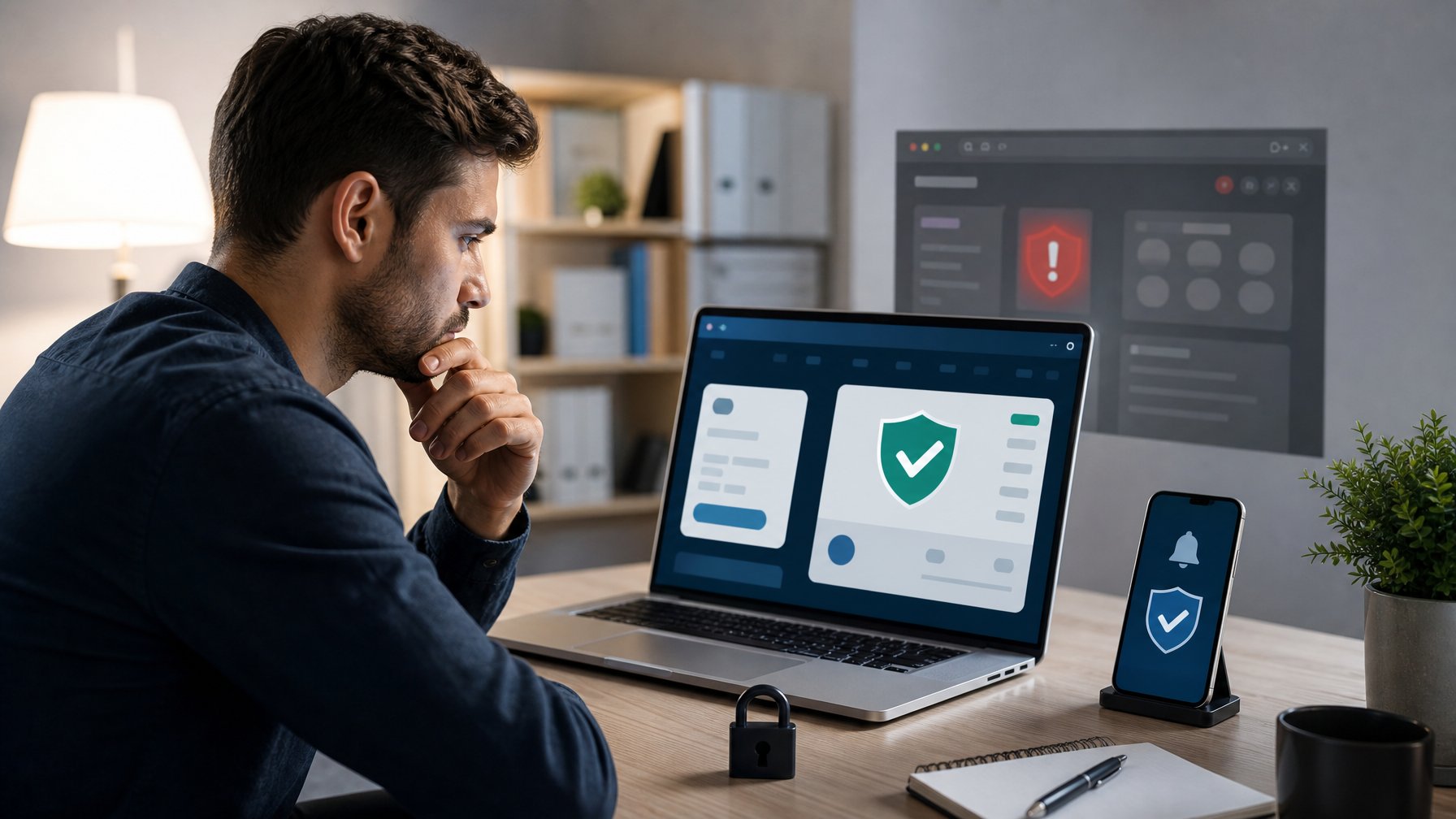Seseorang memeriksa keamanan situs kasino online di laptop dengan simbol perisai dan tanda verifikasi.