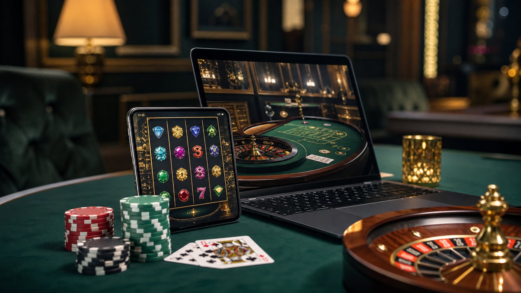 Perangkat digital menampilkan permainan kasino dengan meja roulette, kartu, dan keping di suasana kasino modern.