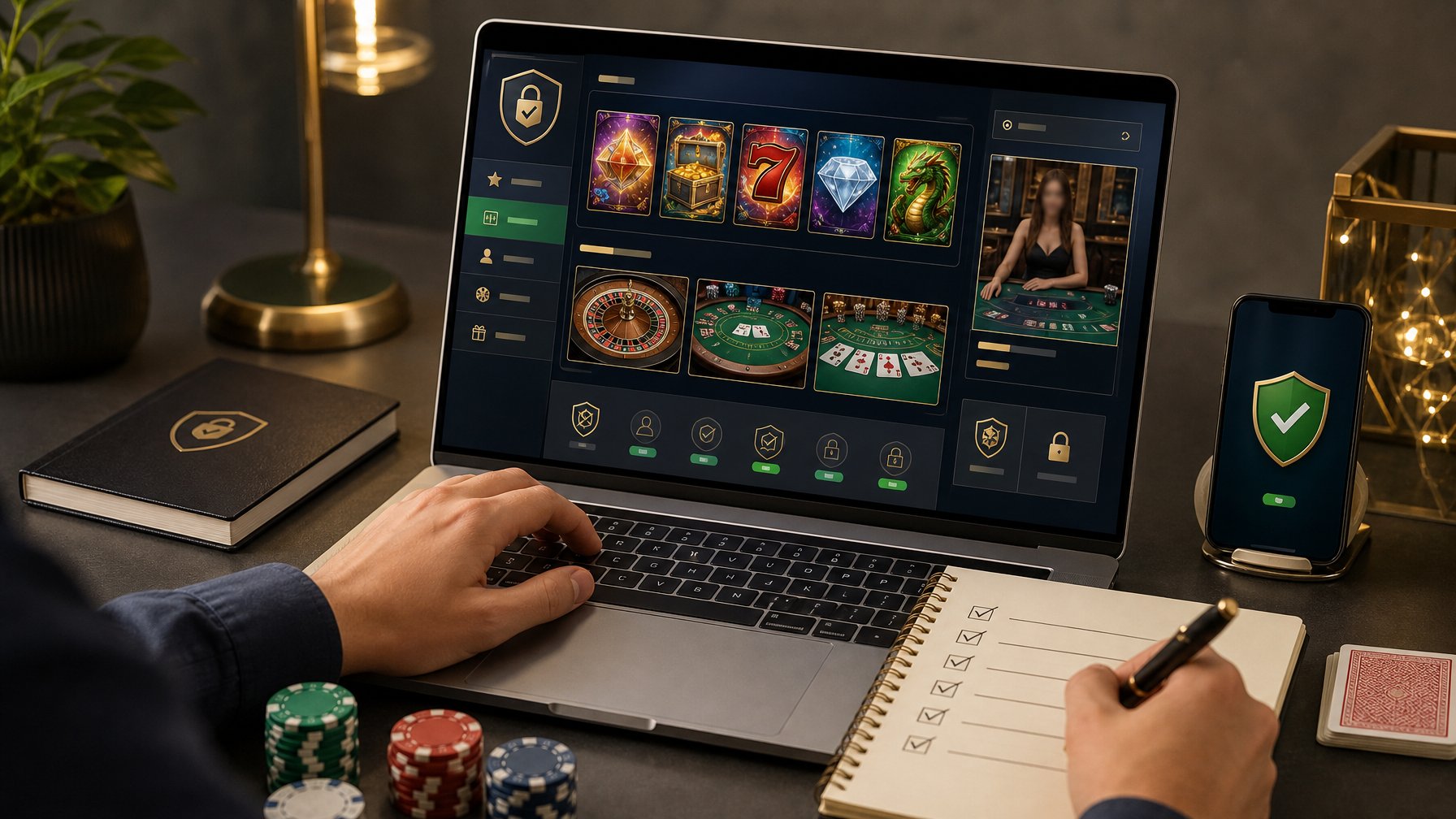 Seseorang menilai platform kasino online melalui laptop dengan tampilan permainan slot, roulette, dan fitur keamanan.