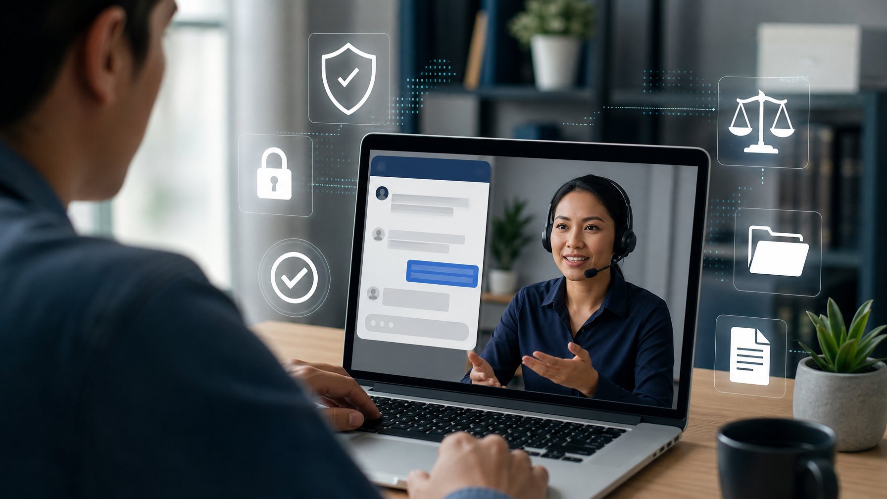 Petugas layanan pelanggan menggunakan headset membantu pengguna melalui laptop dalam suasana kantor modern dengan simbol keamanan digital.