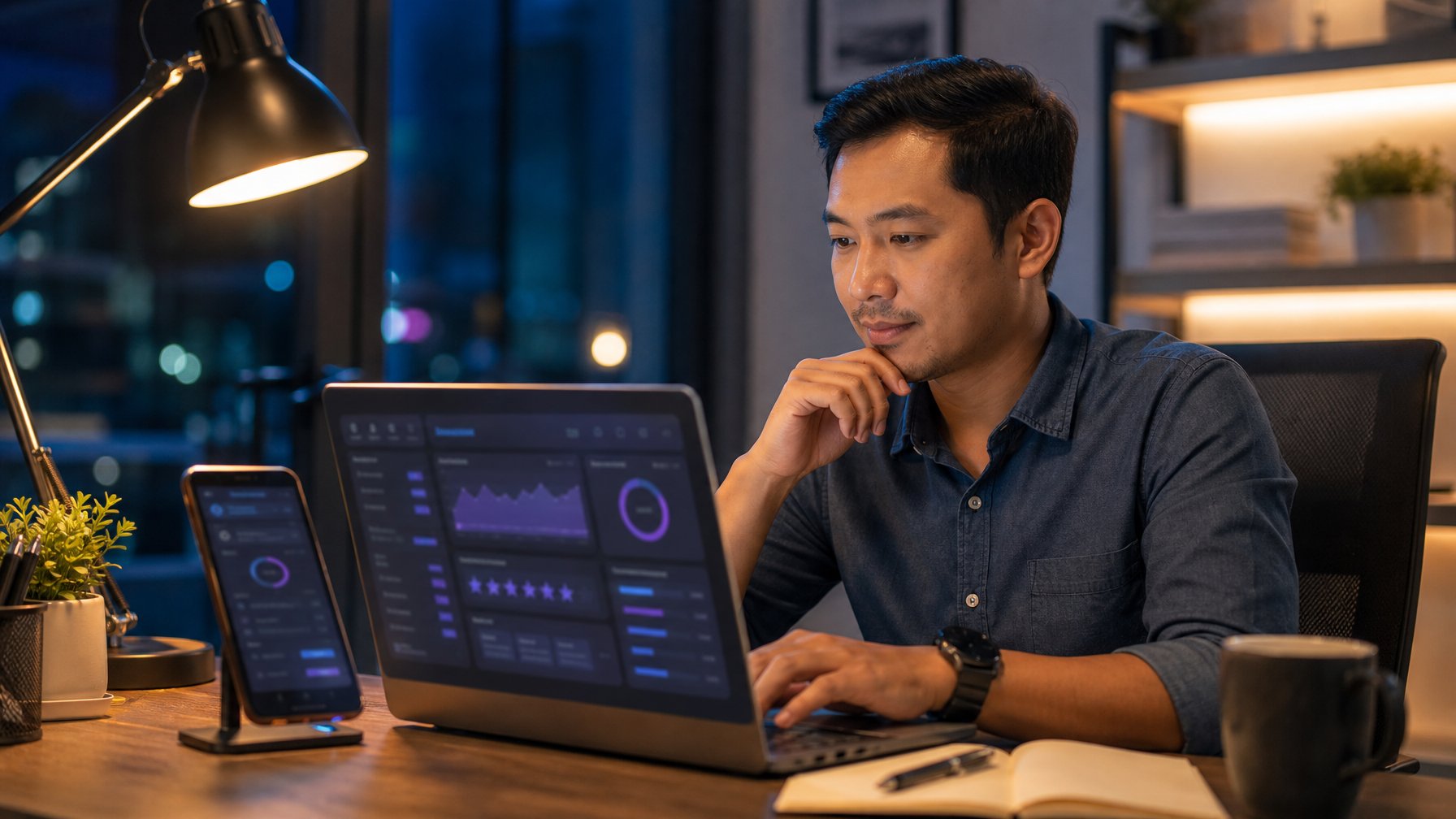 Seorang pria meninjau platform permainan daring di laptop dalam ruang kerja modern.