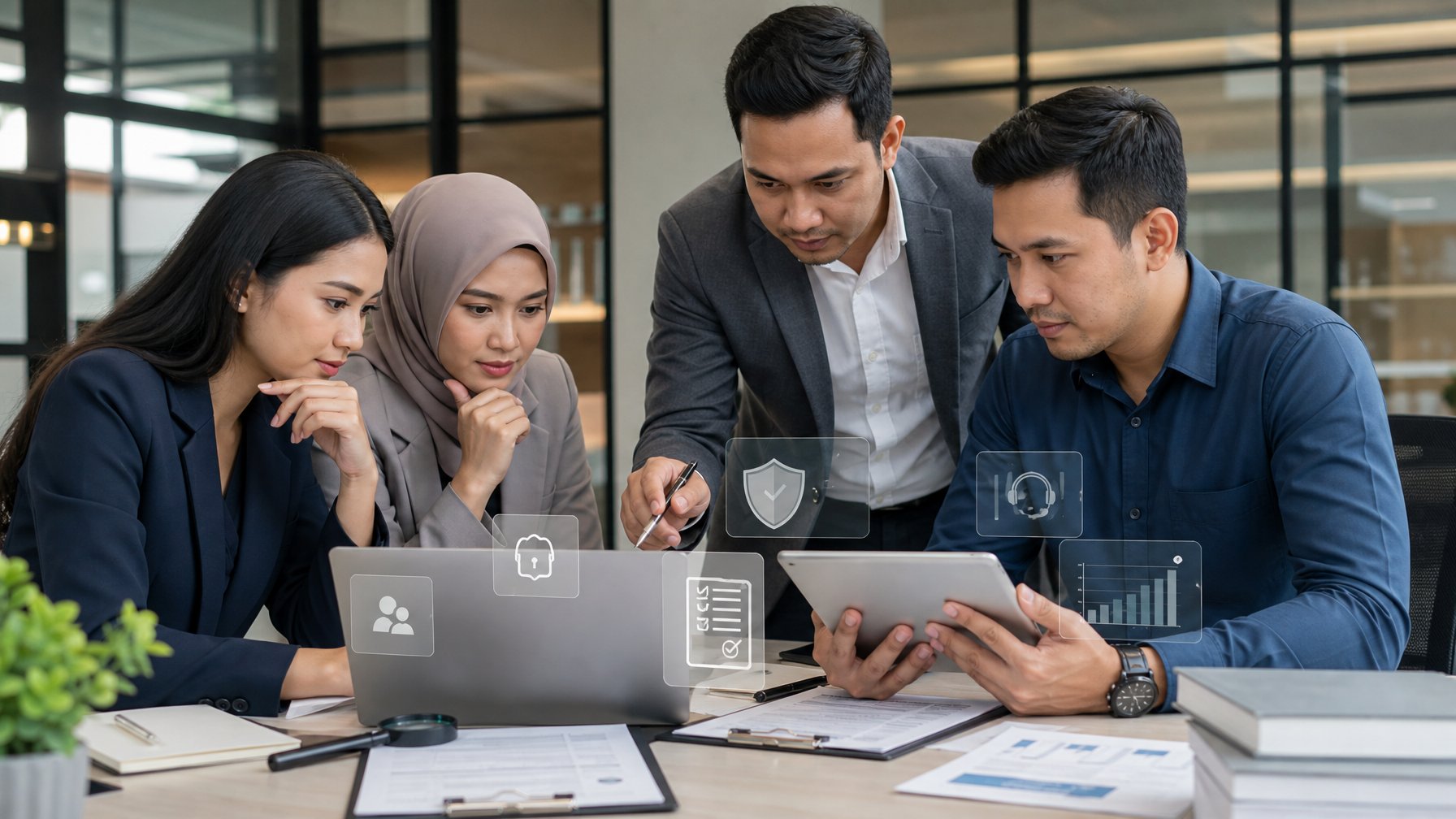 Sekelompok profesional memeriksa keamanan dan kredibilitas sebuah platform digital menggunakan laptop dan tablet.