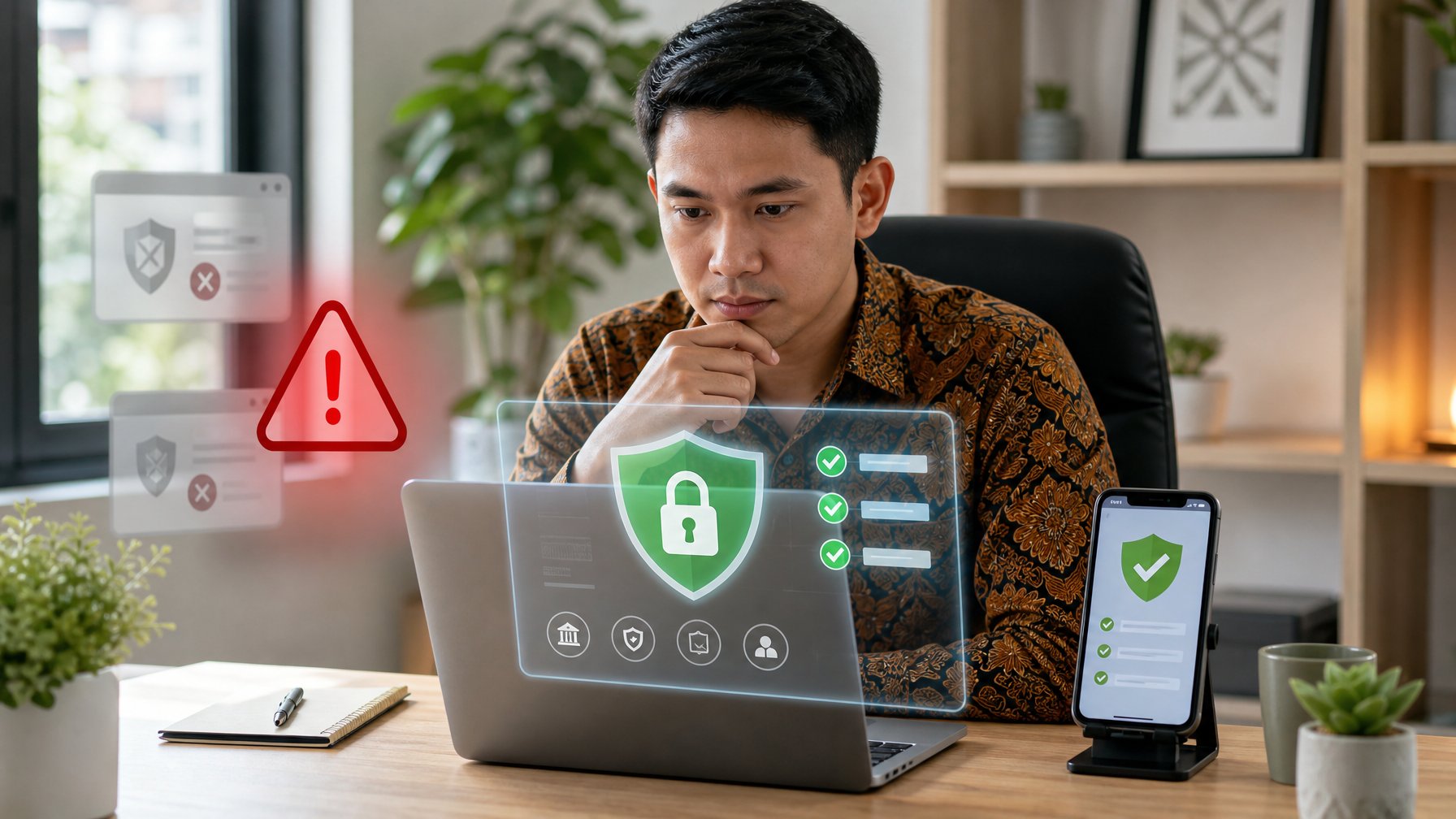 Seorang pengguna memeriksa laptop dan ponsel dengan simbol keamanan untuk menghindari situs penipuan.