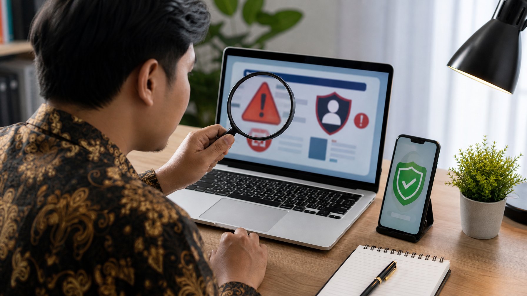 Seseorang memeriksa keamanan situs di laptop dengan ikon peringatan dan perisai keamanan di meja kerja.