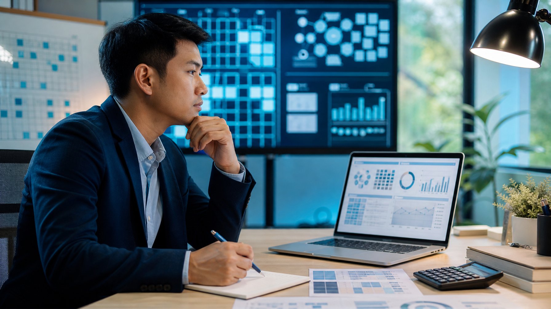 Seorang analis mempelajari pola data abstrak di meja kerja dengan laptop, kalkulator, dan catatan.