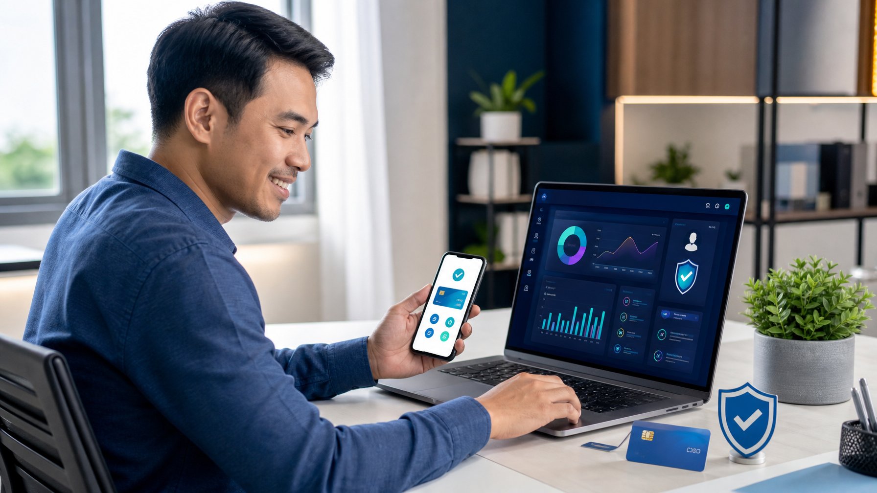Orang dewasa menggunakan laptop dan ponsel dengan tampilan pembayaran digital di meja kerja modern.