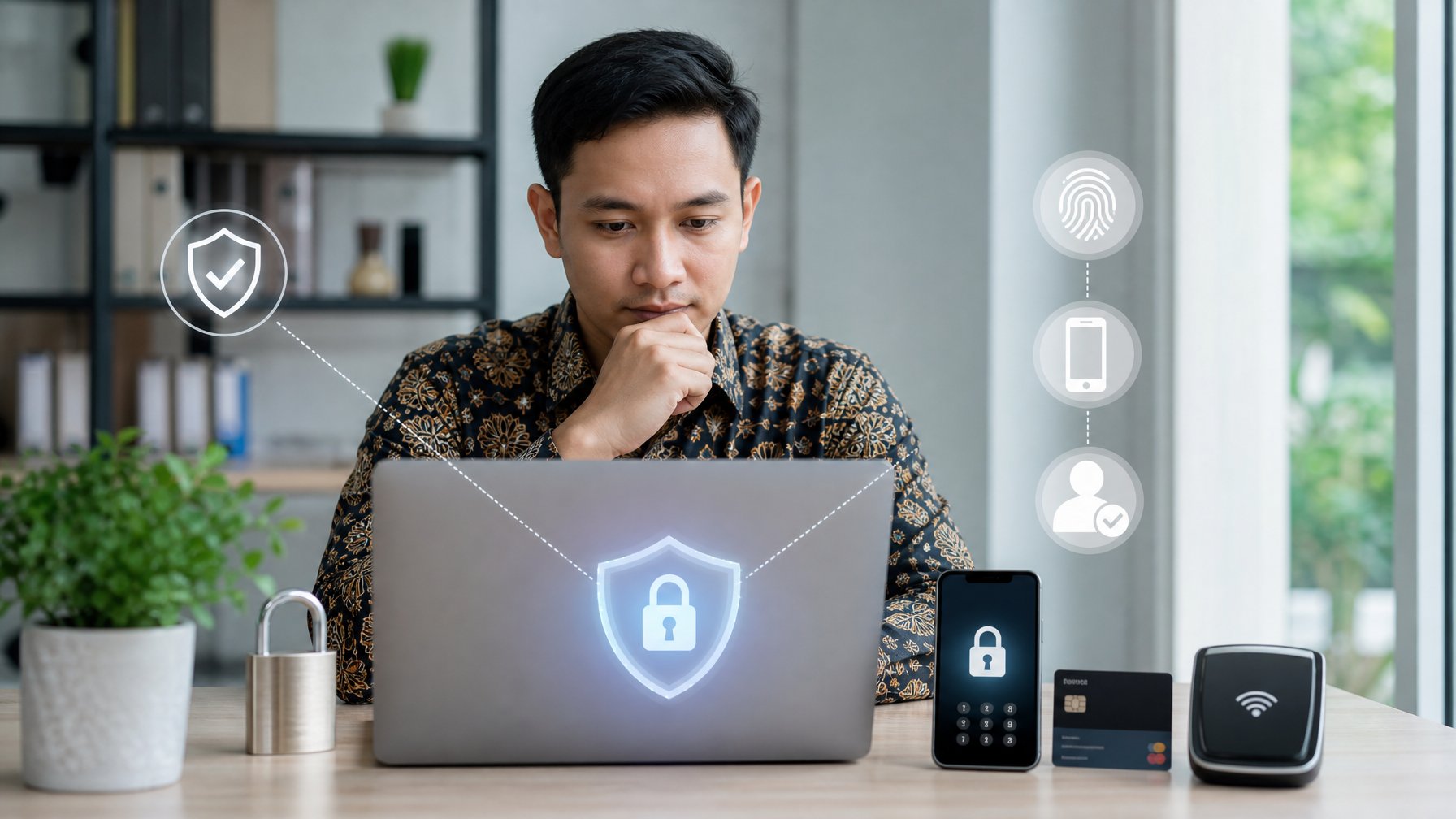Seorang profesional memeriksa keamanan situs dan pilihan pembayaran digital di meja kerja.