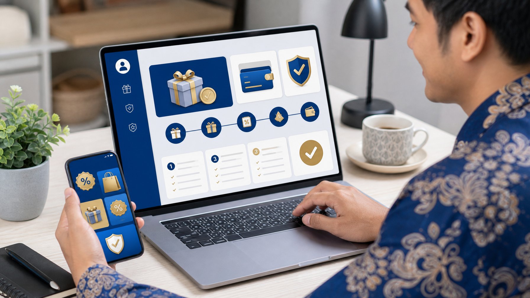 Orang dewasa melihat dasbor promosi digital di laptop dengan ponsel, ikon hadiah, voucher, dan tanda verifikasi di meja.