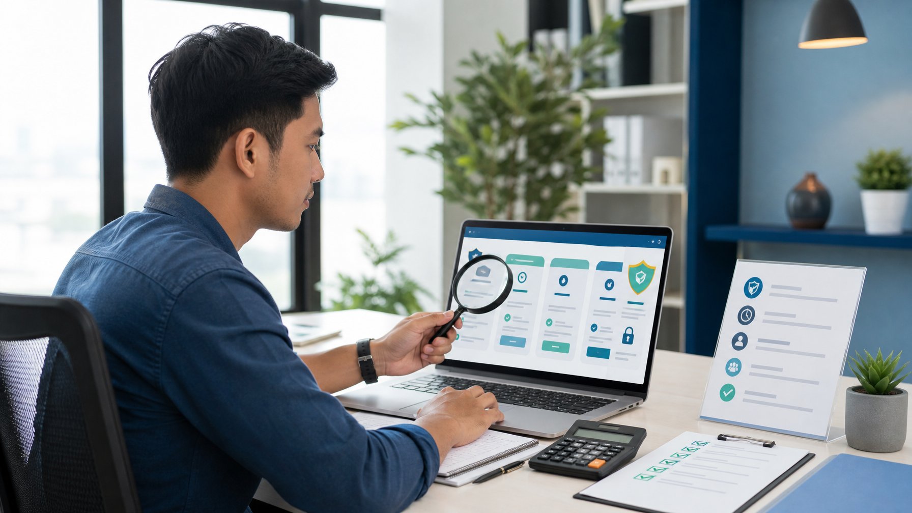 Seseorang memeriksa penawaran promosi dan persyaratan klaim di laptop dengan bantuan daftar periksa dan kalkulator.