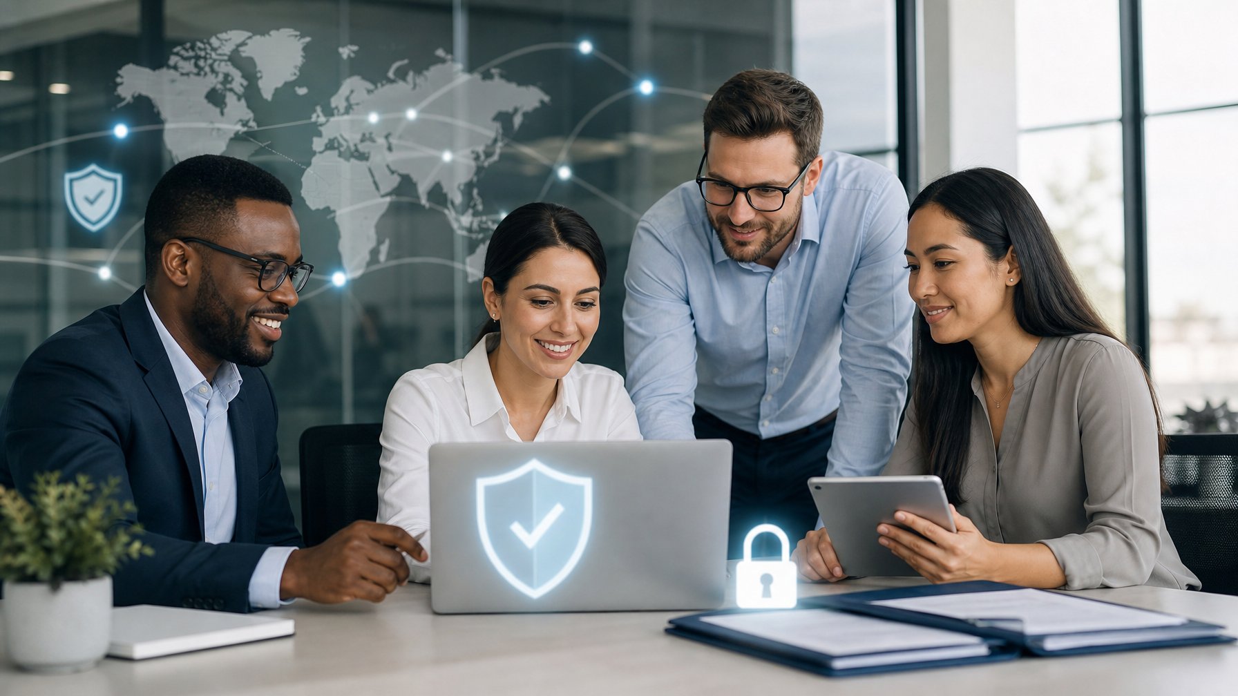 Sekelompok profesional dewasa meninjau platform digital aman dengan simbol perlindungan dan peta dunia di kantor modern.