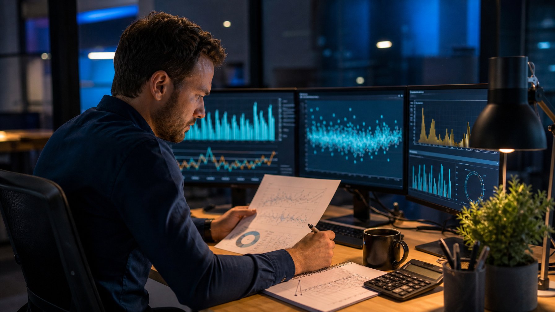 Seorang analis meninjau grafik statistik dan pola angka di meja kerja modern pada malam hari.