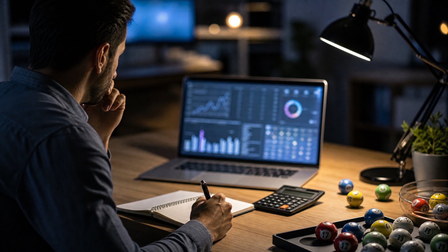 Seorang analis meninjau grafik abstrak dan token bernomor di meja kerja pada malam hari.