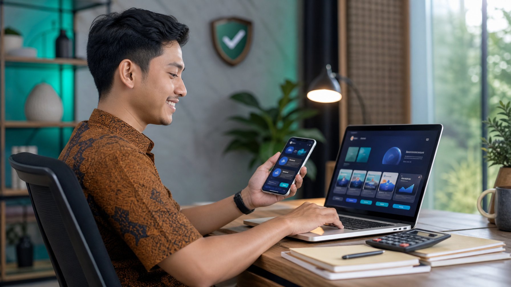 Orang dewasa menggunakan laptop dan ponsel di ruang kerja modern dengan suasana aman dan terjangkau.