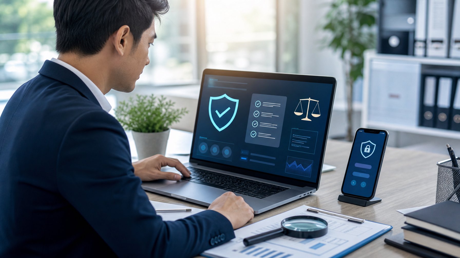 Seorang profesional memeriksa keamanan dan legalitas platform digital melalui laptop di meja kerja.