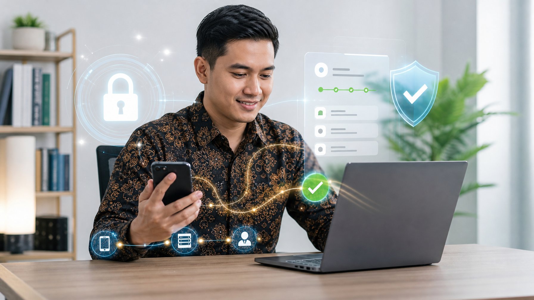 Seseorang menggunakan laptop dan ponsel untuk melakukan transaksi digital yang aman di ruang kerja modern.