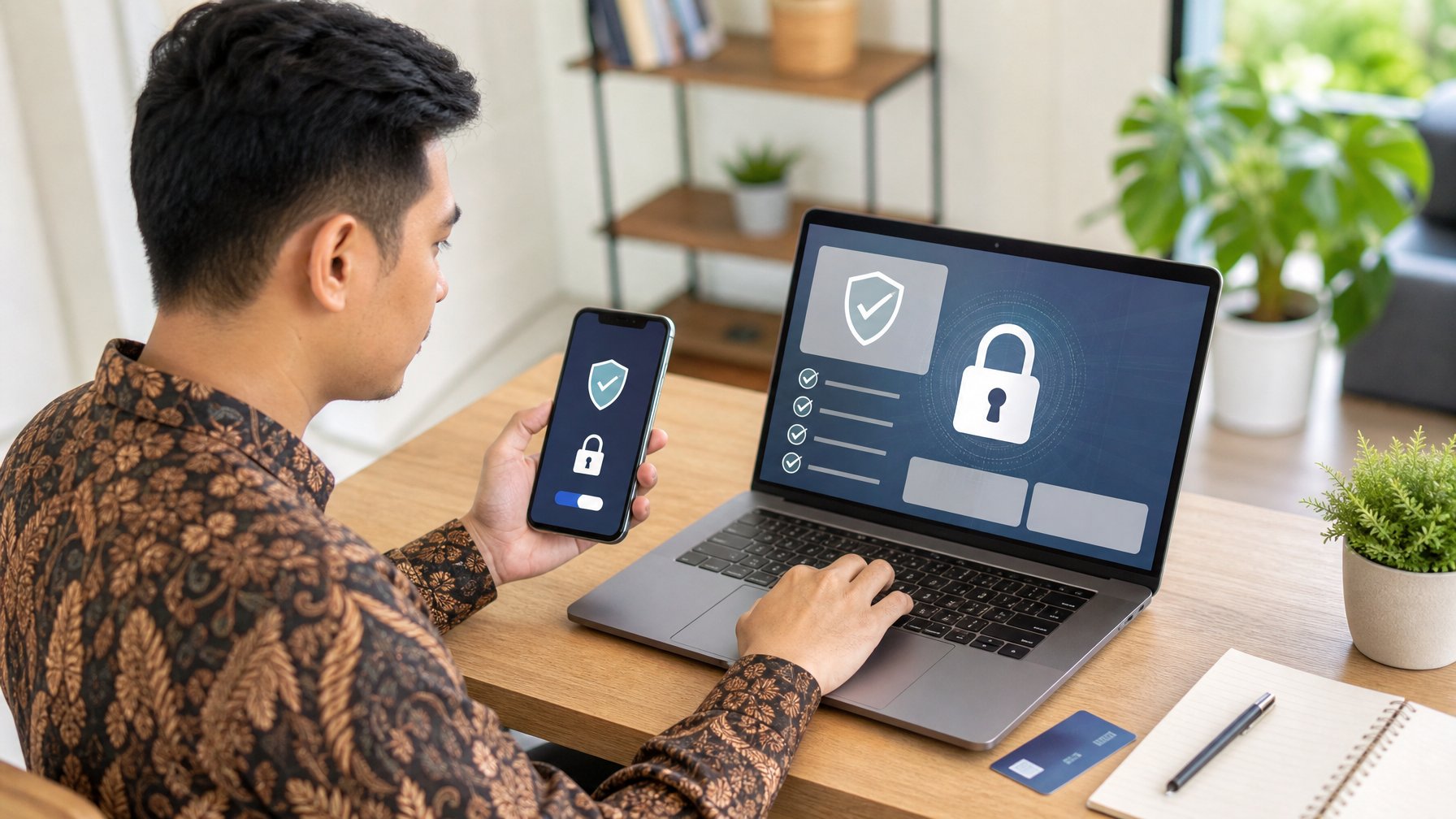 Seseorang memeriksa keamanan platform transaksi online di laptop dengan simbol gembok dan perisai.