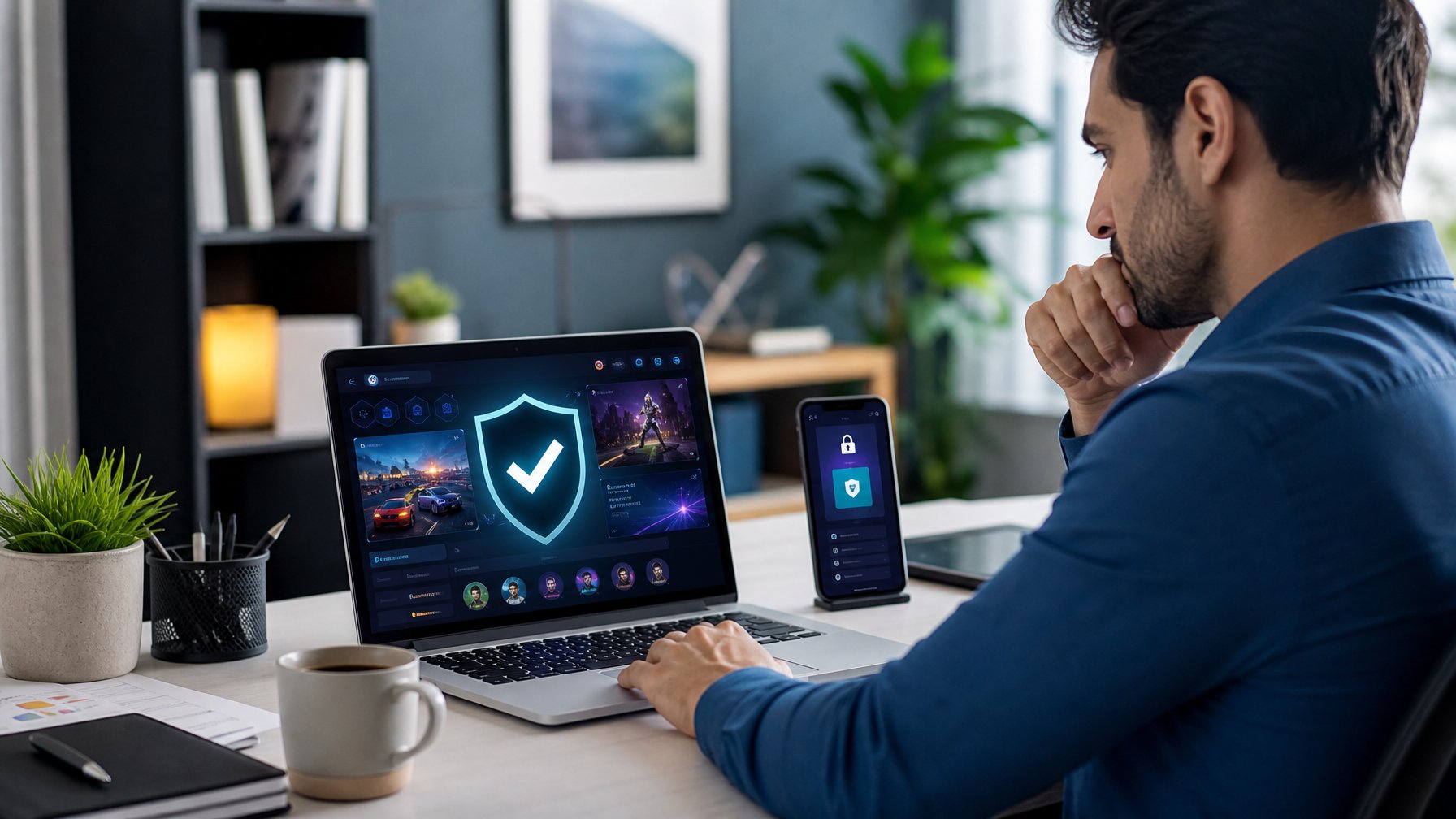 Seseorang memeriksa platform permainan daring yang dilengkapi simbol keamanan pada laptop di ruang kerja modern.