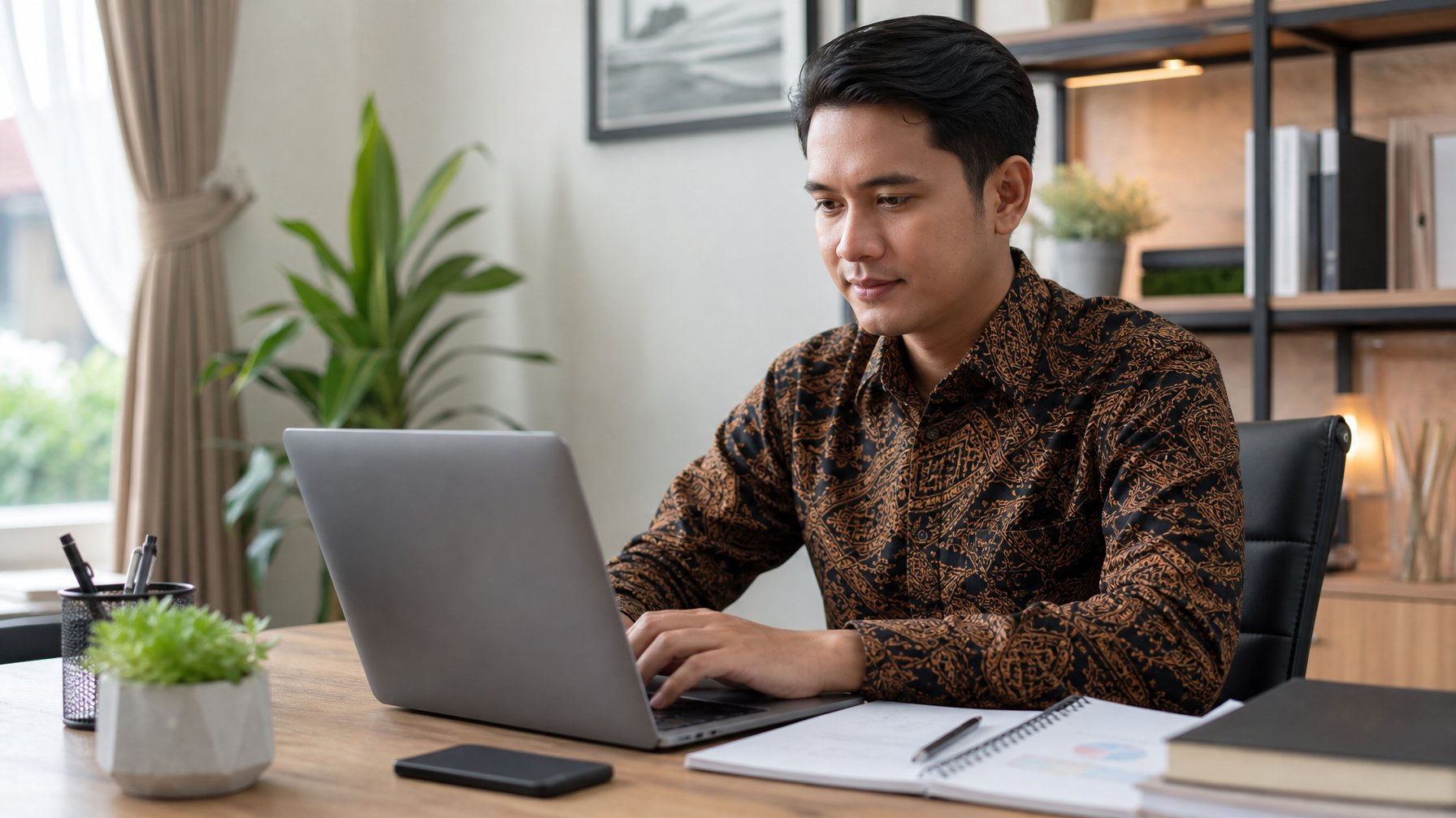 Orang dewasa menggunakan laptop untuk membuat akun pada platform permainan daring di ruang kerja modern.