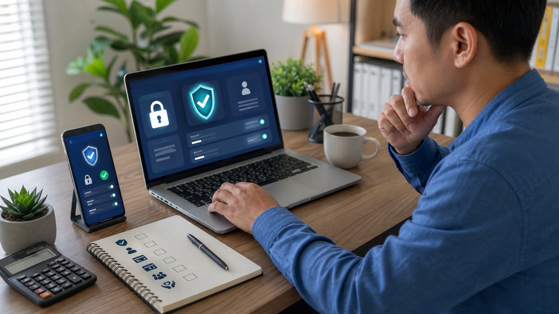 Seseorang memeriksa keamanan dan legalitas platform online menggunakan laptop dan ponsel di ruang kerja.