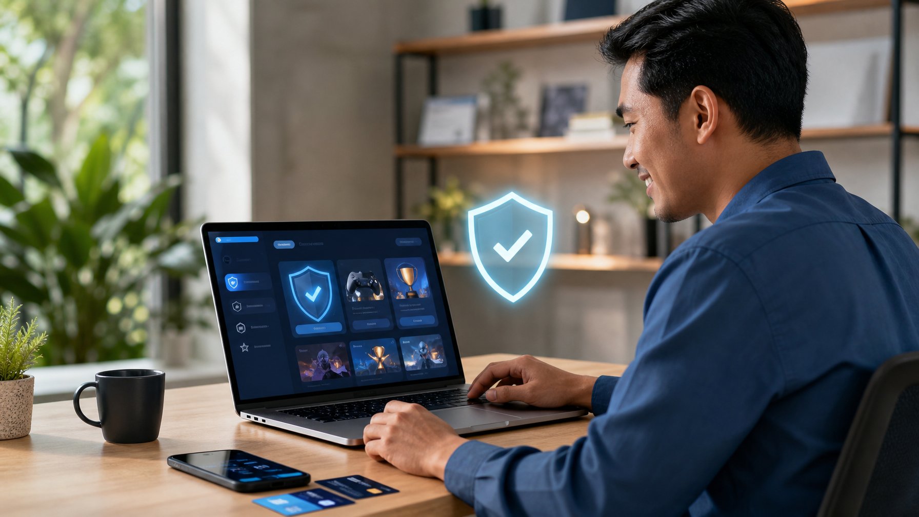 Orang dewasa menggunakan laptop di meja kerja modern dengan simbol keamanan digital di sekitarnya.
