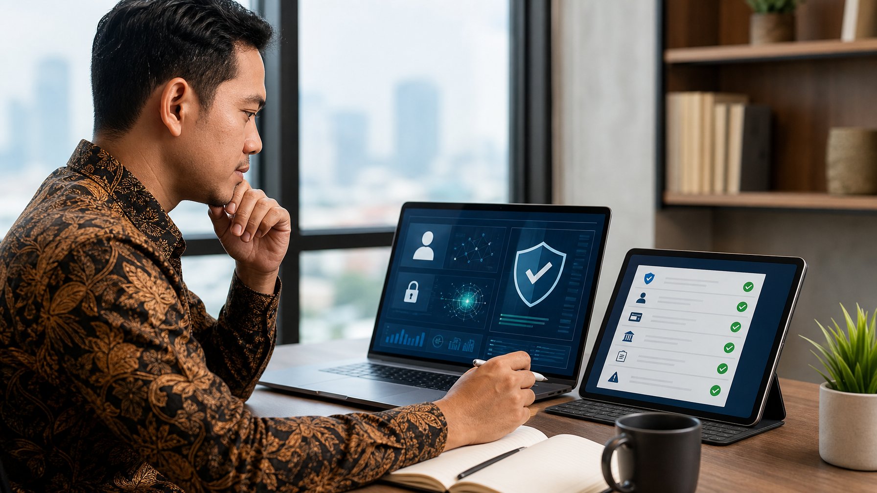 Seorang analis memeriksa keamanan dan legalitas platform digital melalui laptop dan tablet di ruang kerja modern.