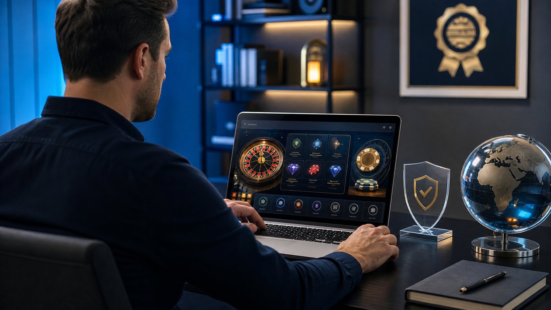 Pemain dewasa menggunakan laptop di lingkungan permainan daring modern dengan simbol keamanan dan koneksi global.